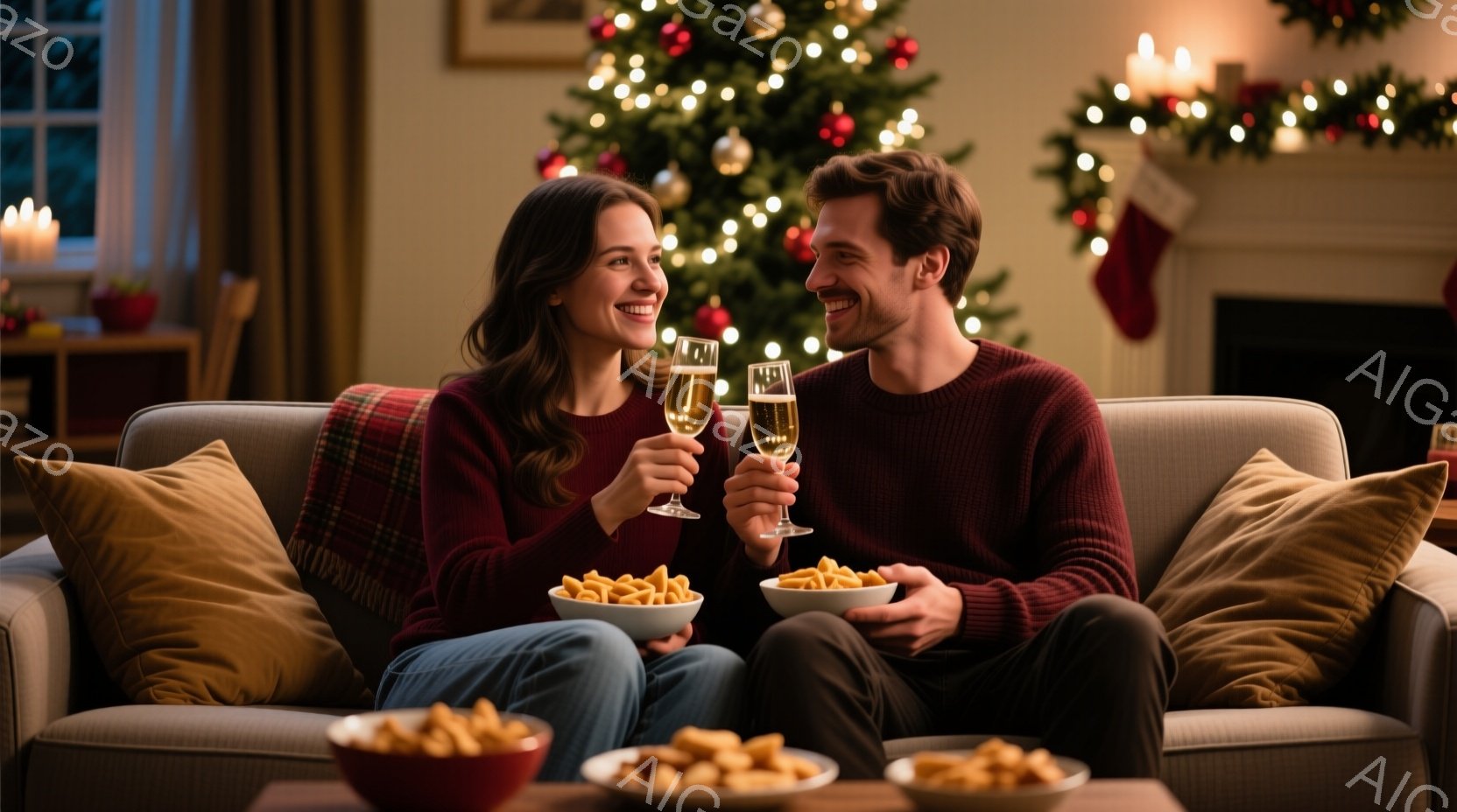 暖炉のそばでソファに座った若いカップルが、シャンパングラスを高く掲げて互いに微笑み合っています。女性は赤いセーターとジーンズを着ており、長い茶色の髪は自然に肩にかかっています。背景には、明るいクリスマスツリーと暖炉があり、温かく心地よい雰囲気を醸し出しています。