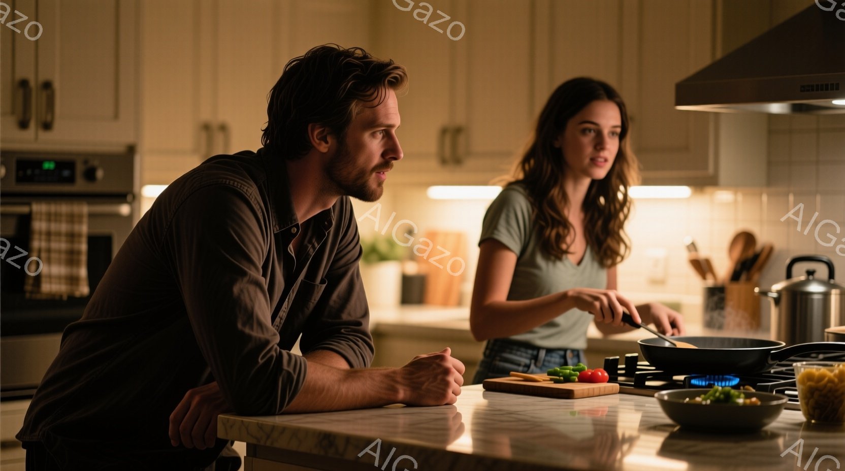 キッチンで、男性はカウンターにもたれ、どこか遠くを見つめています。彼は濃い茶色の髪で、髭を生やしており、濃い色のシャツを着ています。女性はフライパンで料理をしており、真剣な表情で食材を切っています。