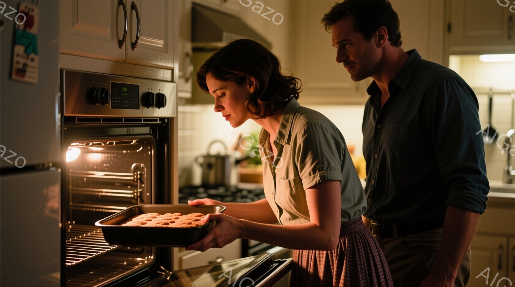 女性はキッチンでオーブンの前に立ち、焼き菓子の天板を取り出そうとしている。彼女は明るい緑色のシャツと赤いストライプのスカートを着ており、髪は後ろでまとめてスタイリングされている。男性は彼女の背後に立っており、オーブンの様子を覗き込んでいるように見える。