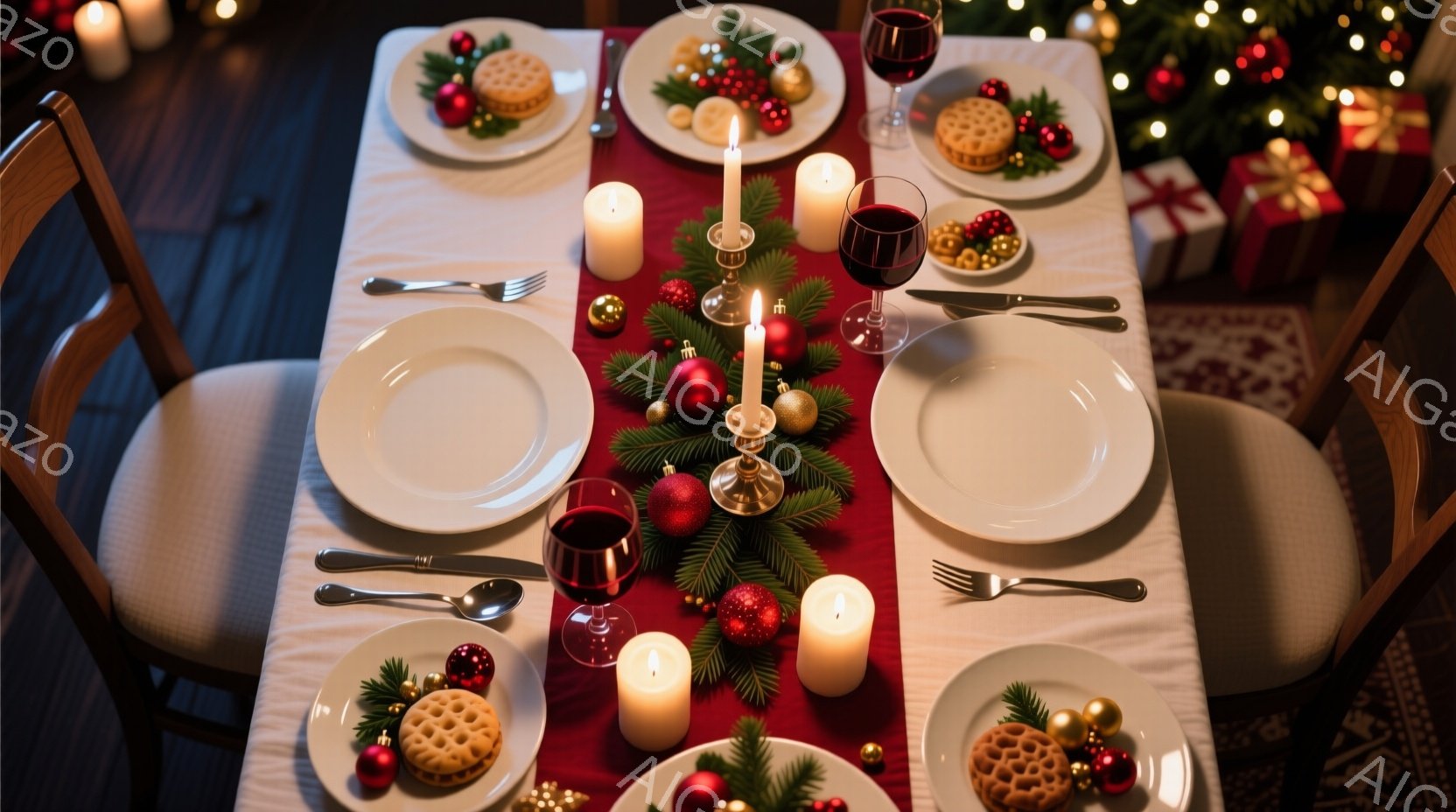 クリスマスらしいテーブルセッティングの画像です。赤いテーブルクロスの上に、白い食器、銀器、キャンドル、そしてクリスマスの飾り付けが並べられています。背景には、ぼやけたクリスマスツリーとプレゼントが見え - AI生成フリー素材