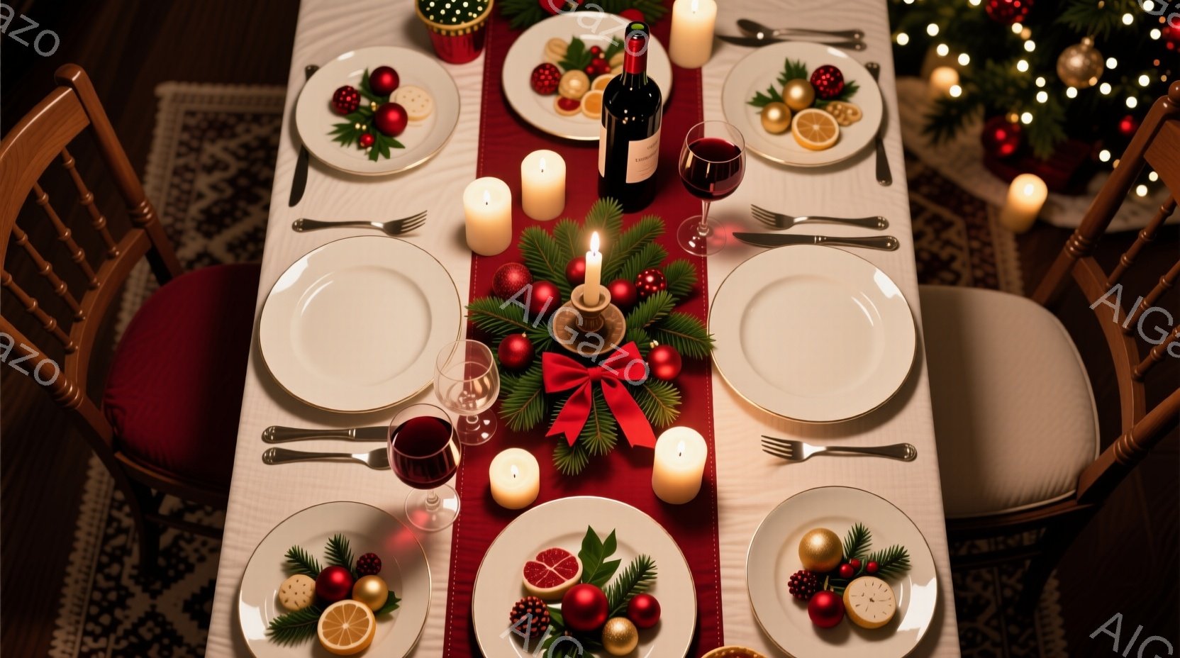 クリスマスディナーのテーブルが上から見下ろして写されており、白いテーブルクロスの上に赤色のテーブルランナーが敷かれています。テーブルには、クリスマスの飾り付け、キャンドル、ワイングラス、そして装飾され - AI生成フリー素材