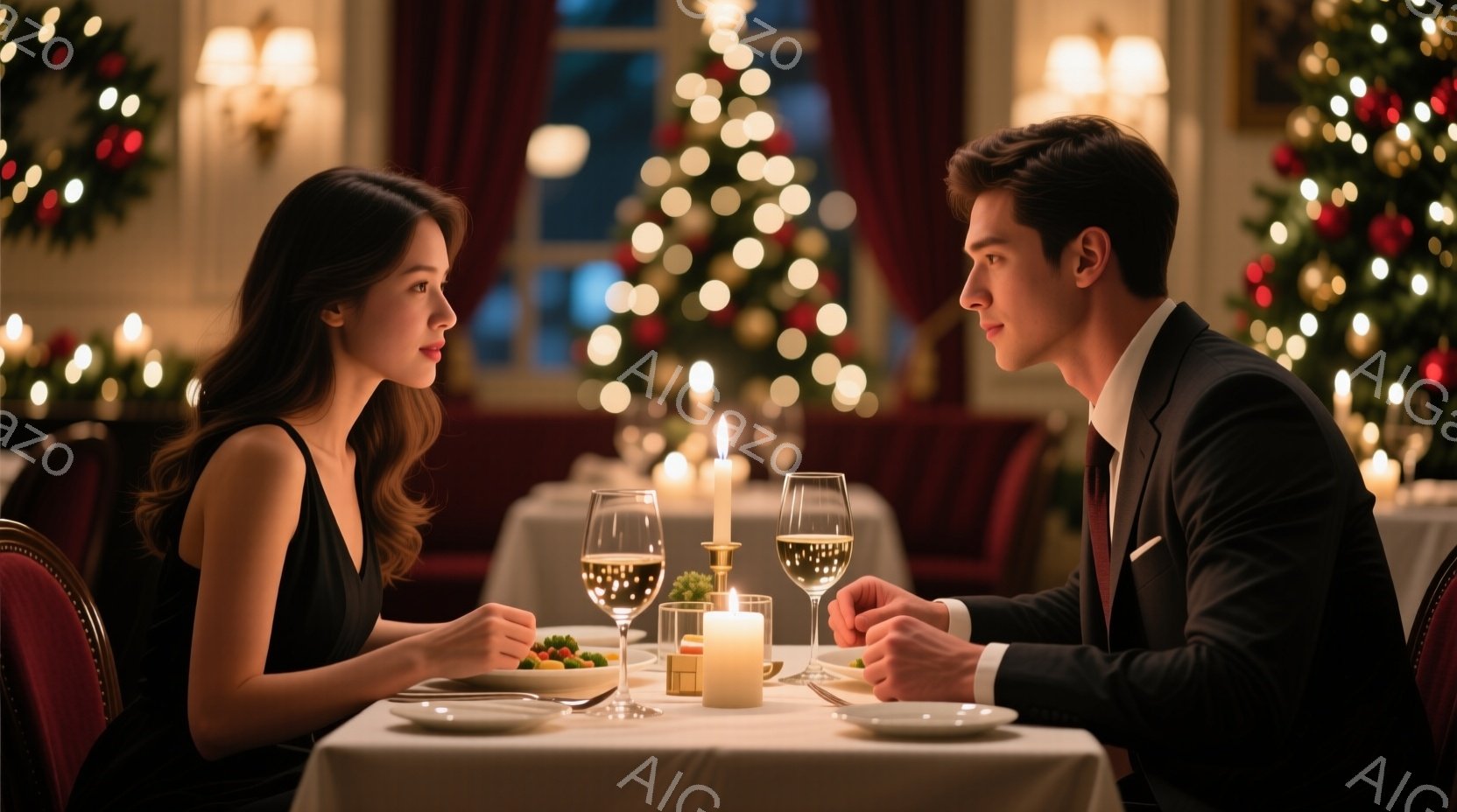 豪華なレストランで男女が向かい合って食事をしている様子が描かれています。女性は黒いドレスを着て髪を後ろにまとめ、男性はダークスーツに赤いネクタイを締めています。背景にはクリスマスツリーが飾られ、キャンドルの光が温かい雰囲気を醸し出しています。