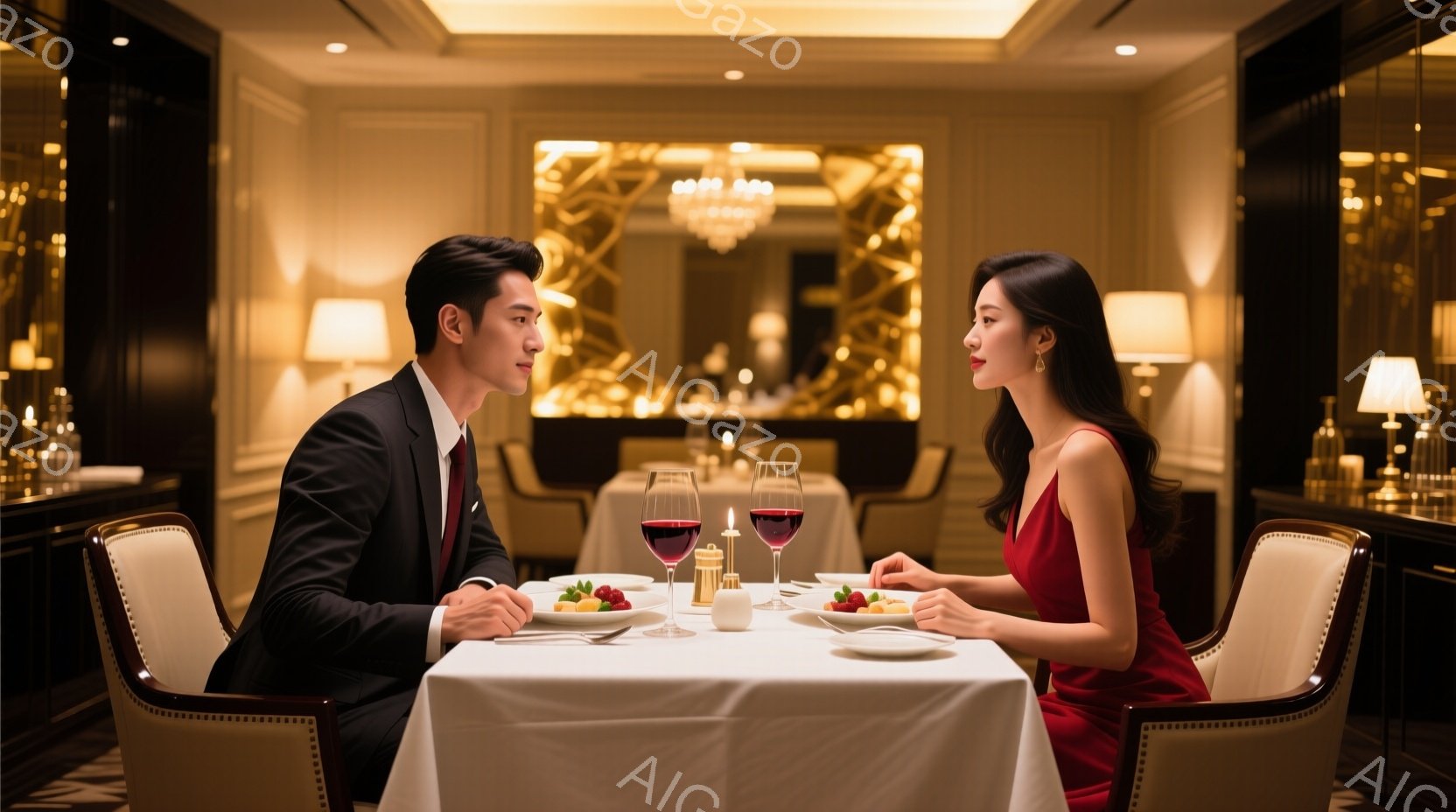 豪華なレストランで、一対の男女が向かい合って食事をしている。男性は黒いスーツに赤いネクタイ、女性は赤いドレス姿で、ともに整った髪型をしている。背景には、金色の装飾が施された壁とシャンデリアが見え、ロマンチックで洗練された雰囲気を醸し出している。