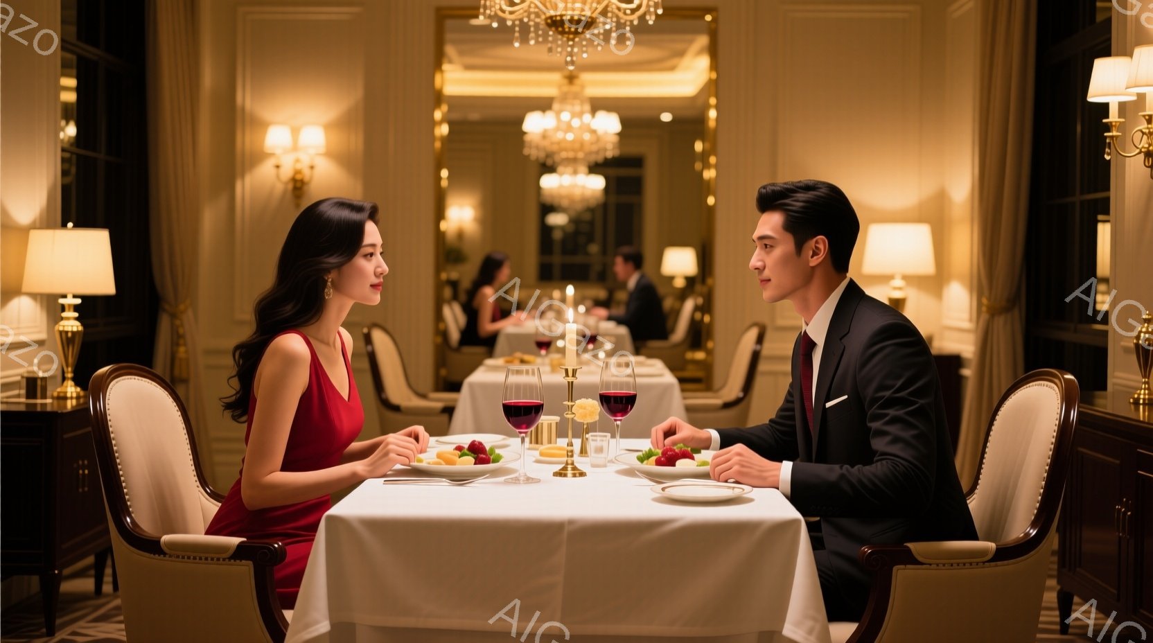 優雅なレストランで、赤いドレスを着た女性と、黒いスーツを着た男性が向かい合って座っています。二人はワイングラスを手に持ち、わずかに微笑みながら互いを見つめ、上品な雰囲気の中にロマンチックな緊張感が漂っています。背景には、豪華なシャンデリアと白いテーブルクロスが並び、落ち着いた照明が高級感を演出しています。