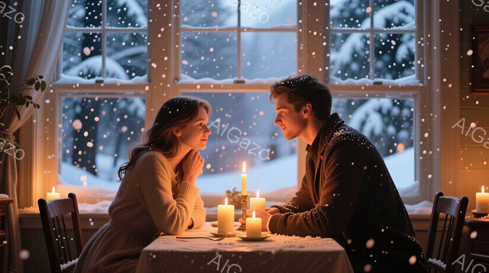 暖炉の光とキャンドルの明かりが灯る、雪の降る夜の室内で、一対の男女が向き合って座っている。女性は明るい茶色のロングヘアで、優しい微笑みを浮かべ、クリーム色のニットセーターと淡いグレーのドレスを着ている。男性は黒いセーターを着ており、穏やかな表情で女性を見つめ、室内は白く覆われた冬の風景を背景に、温かくロマンチックな雰囲気に包まれている。