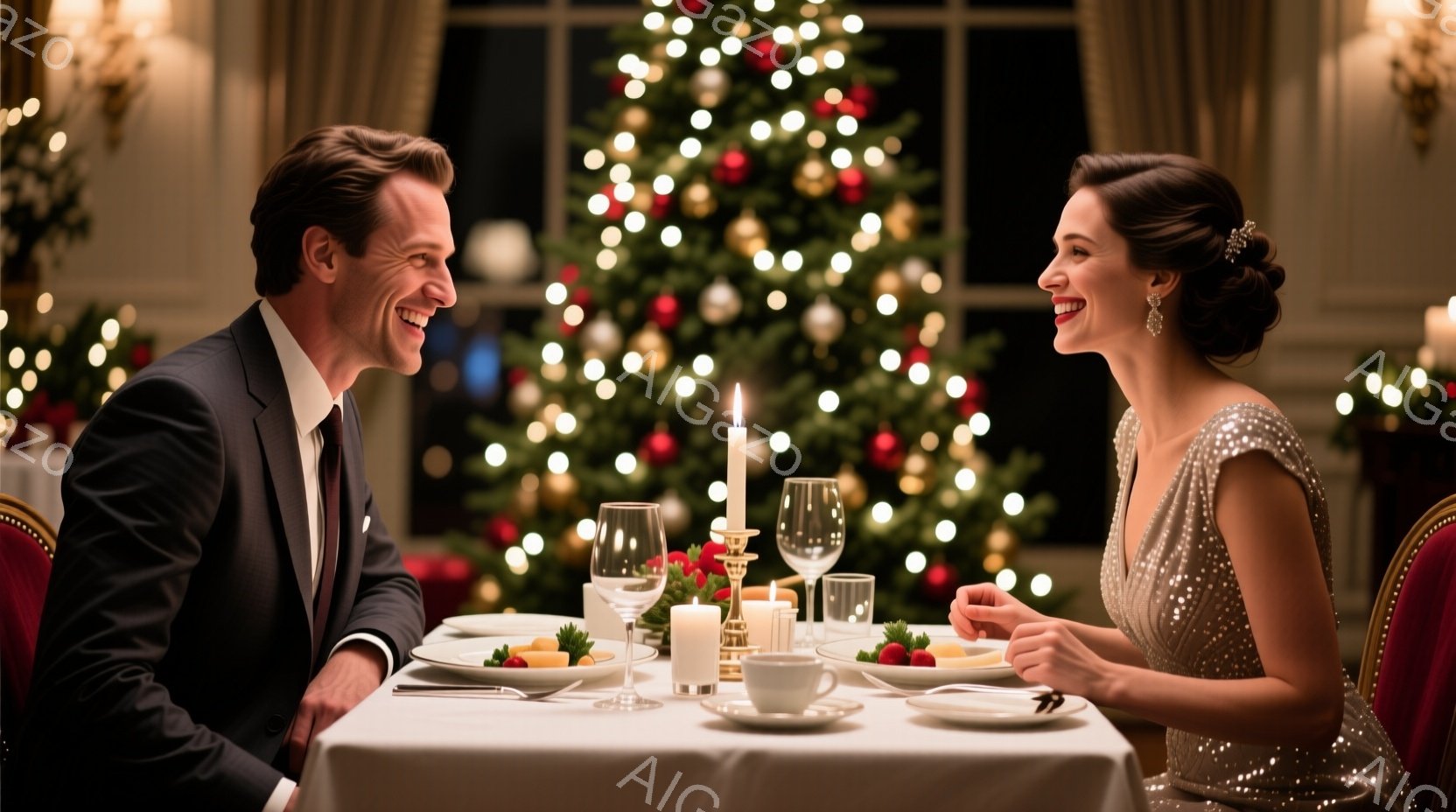 豪華なレストランで、男性と女性が向かい合って食事を楽しんでいます。男性は黒いスーツにネクタイ、女性はキラキラしたドレスを着ており、共に笑顔で相手を見つめています。背景にはクリスマスツリーが飾られ、暖かくロマンチックな雰囲気が漂っています。