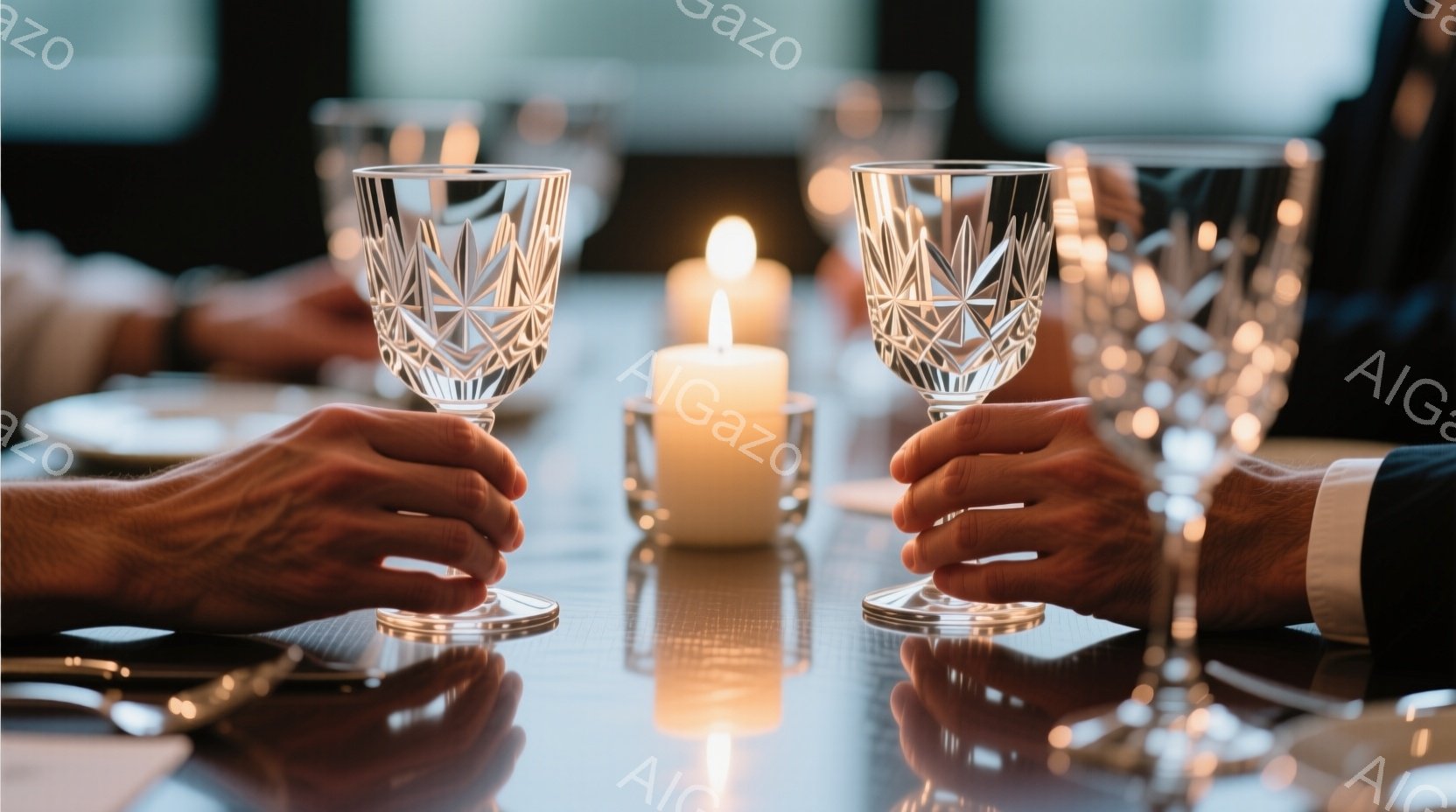 磨かれたテーブルの上で、二組の手がクリスタルグラスを持って互いに向き合っている。グラスは複雑なカットが施されており、温かいキャンドルの光を反射して輝き、高級感のある食事の雰囲気を醸し出している。背景はぼやけており、フォーマルなレストランの、落ち着いた大人の時間を示唆している。
