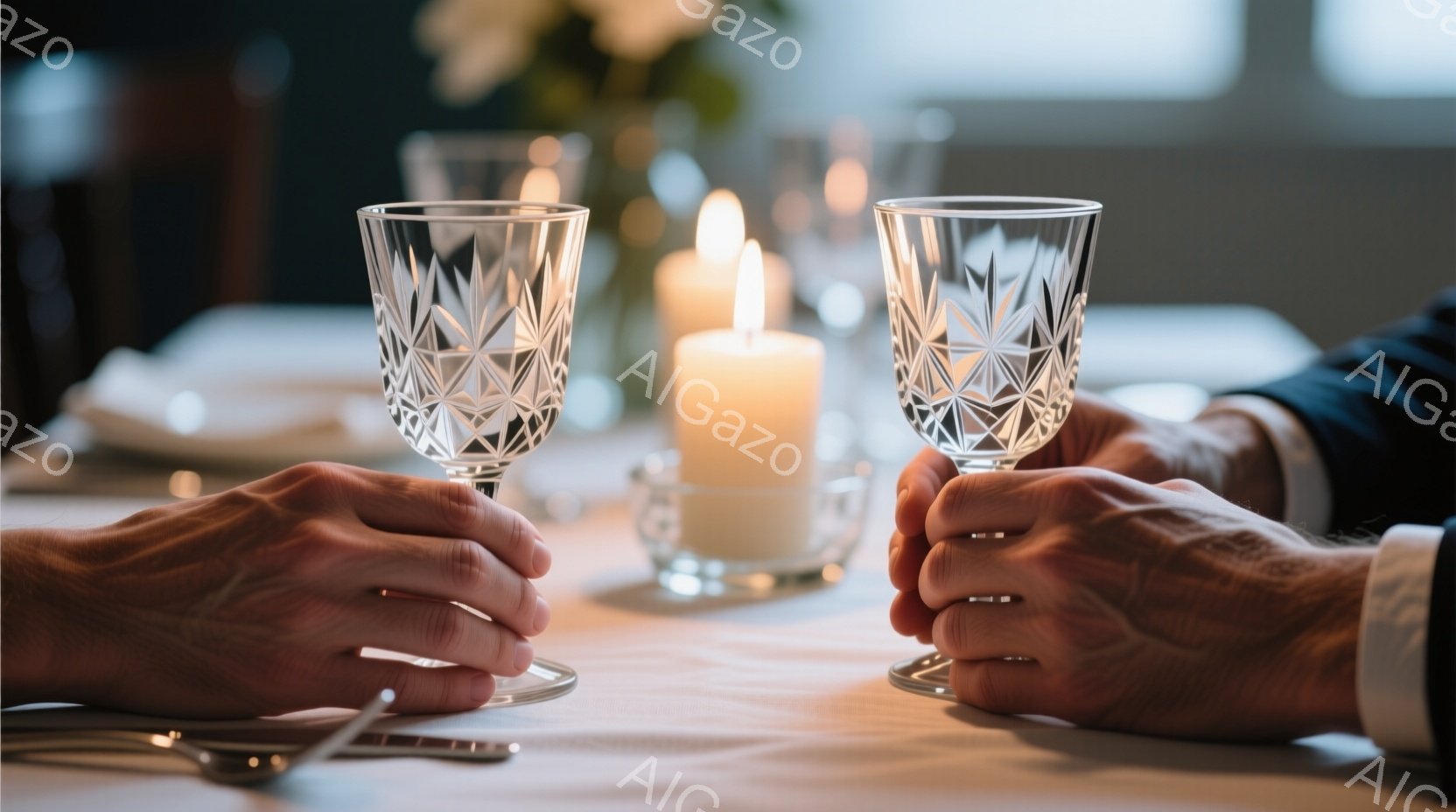 テーブルの上には、きらびやかなワイングラスが2つ置かれ、温かいキャンドルの光に照らされています。グラスを持つ手は、フォーマルな服装の一部である白いシャツの袖口をわずかに見せており、洗練された雰囲気を感じさせます。背景はぼやけていますが、高級レストランのような落ち着いた空間を想像させ、ロマンチックなディナーの瞬間を捉えたようです。
