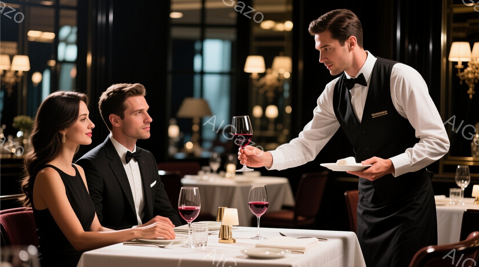 洗練されたレストランで、黒いドレスを着た女性とタキシードを着た男性が向かい合って座っています。ウェイターがワイングラスを手に、ワインを注ごうとしており、上品な雰囲気が漂っています。背景には、ぼんやりとした照明と、白いテーブルクロスが敷かれた他のテーブルが見え、全体的に高級感のあるディナーシーンが描かれています。