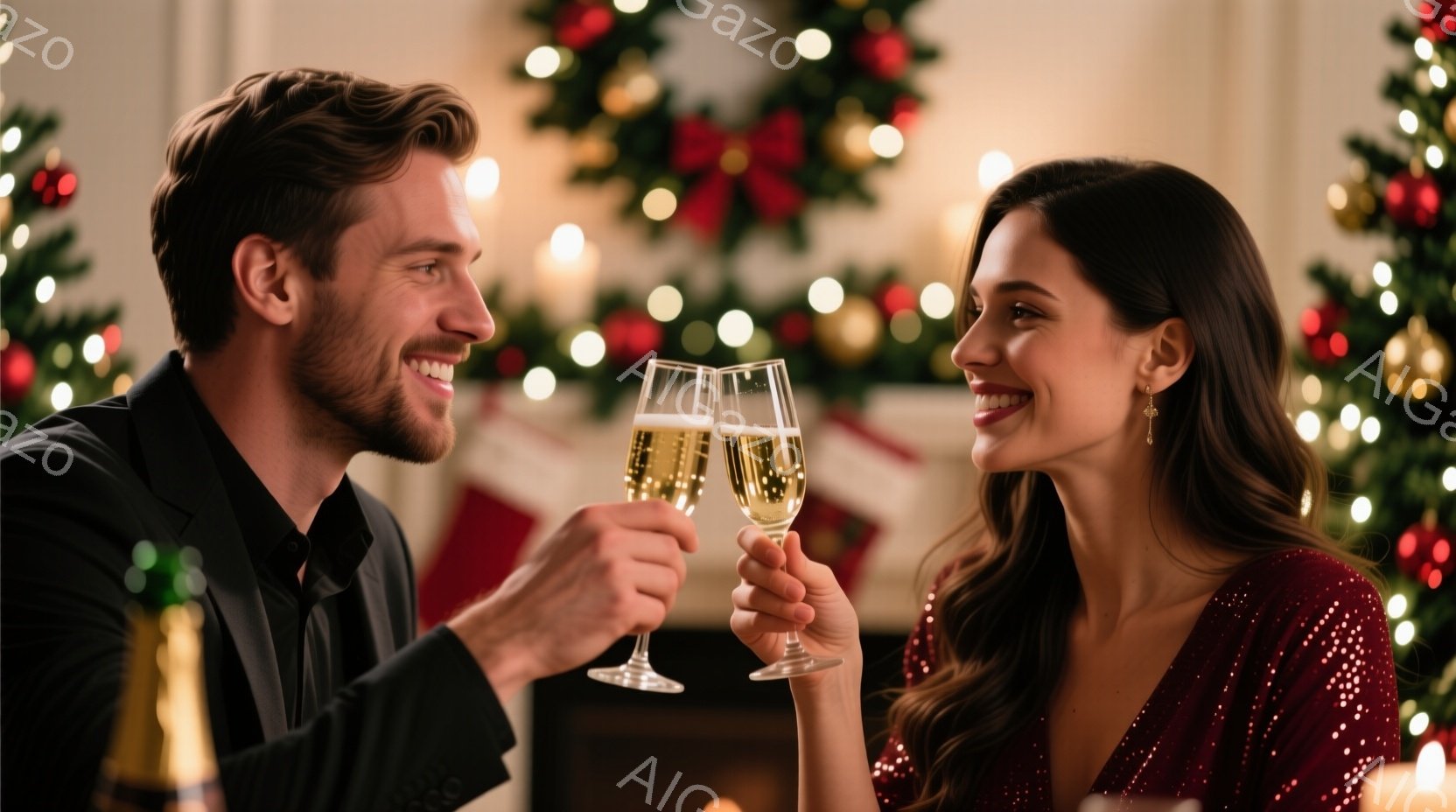 魅力的なカップルがシャンパングラスを掲げて互いに微笑み合っている。男性は黒いスーツを着ており、女性は赤いスパンコールドレスを着て、髪を優雅にまとめ、耳に繊細なイヤリングをつけている。背景にはクリスマスツリーと暖炉が見え、ホリデーシーズンらしい温かく華やかな雰囲気が漂っている。