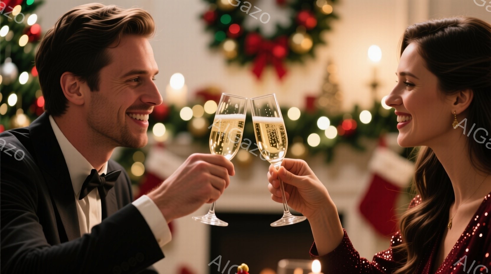 一対のカップルがシャンパングラスを合わせ、互いに微笑み合っています。男性はタキシードと蝶ネクタイを着用し、女性は赤いスパンコールドレスと垂れ下がったイヤリングを着ています。背景にはクリスマスツリー、暖炉、そしてぼやけた照明が見え、温かくロマンチックな雰囲気が漂っています。