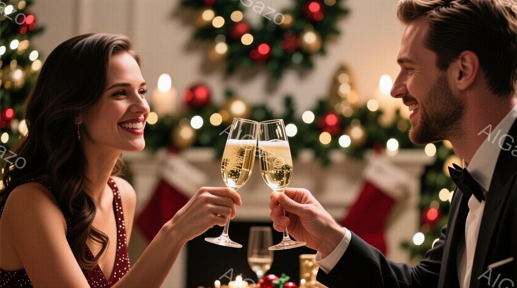 華やかなクリスマスを祝うカップルがグラスを合わせている様子が写っている。女性は赤いドレスを身につけ、髪を肩まで長く伸ばし、微笑んでいる。男性はタキシード姿で、グラス越しに幸せそうな表情を浮かべており、 - AI生成フリー素材