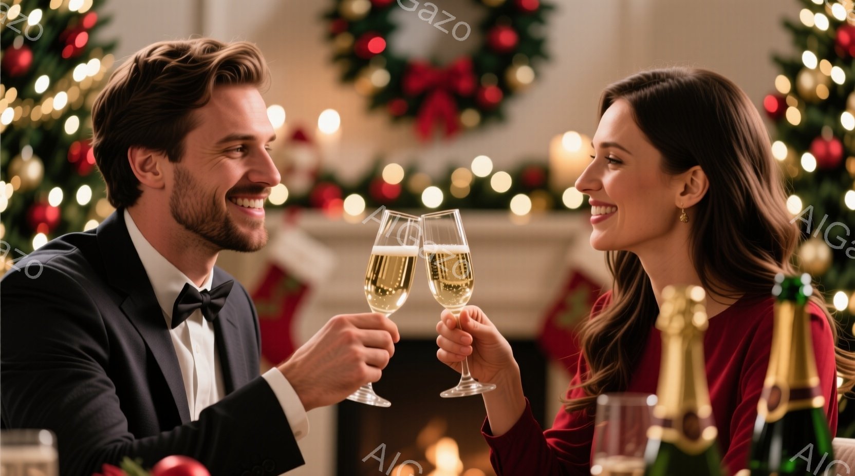 華やかなクリスマスを祝う男女がグラスを合わせている。男性は黒いタキシードと蝶ネクタイで、女性は赤いセーターを着ており、共に満面の笑みを浮かべている。背景には暖炉とクリスマスリース、装飾が施されたクリス - AI生成フリー素材
