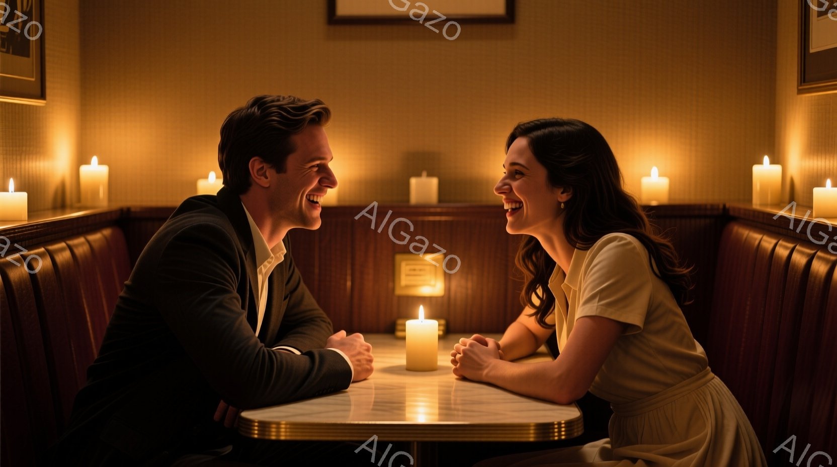 二人は赤いブース席に座り、お互いに微笑み合っている。男性は黒いスーツを着ており、女性は白いワンピースを着ている。背景には複数のキャンドルが灯り、暖かくロマンチックな雰囲気を醸し出している。