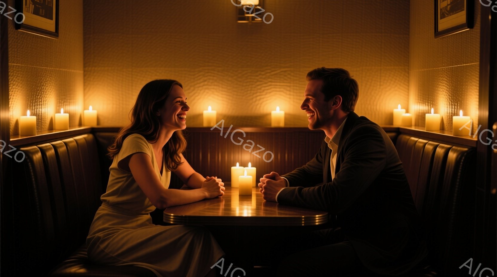暖かくオレンジ色の光に照らされた、薄暗いバーで一対の男女がテーブルを挟んで向き合って座っている。女性は肩を露出したクリーム色のドレスを着用し、長い髪を後ろに流している。男性は黒いジャケットを着用し、満面の笑みを浮かべ、二人とも幸せそうに顔を見合わせている。