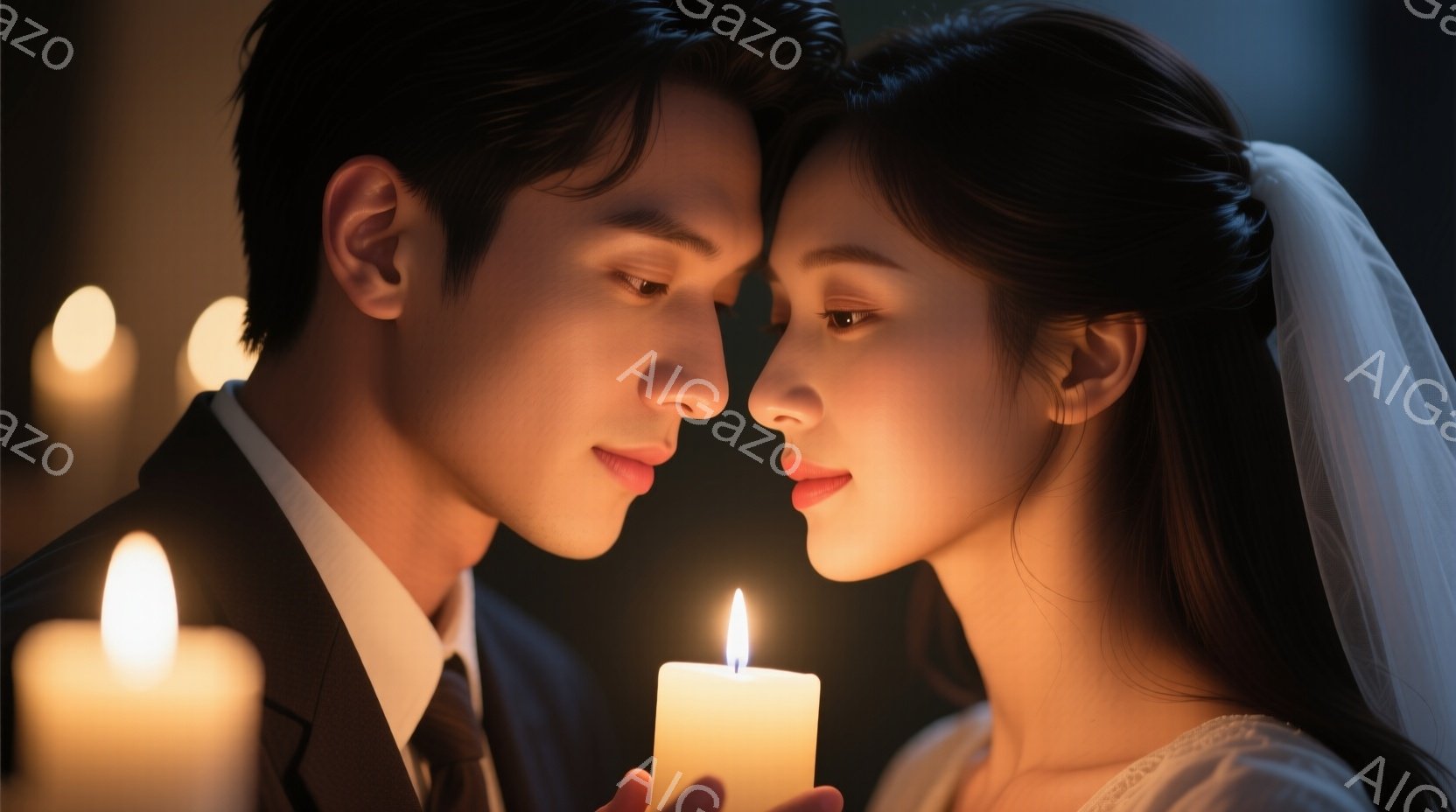 新郎は黒のタキシード姿で、花婿は白いウェディングドレスとベールをまとっている。二人は顔を寄せ合い、片手に火の灯ったキャンドルを持っている。背景は暗く、ぼやけたキャンドルの光がロマンチックで親密な雰囲気を醸し出している。