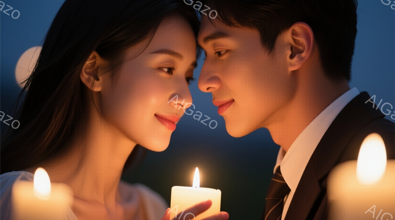 長髪の女性とスーツ姿の男性が、ろうそくの光の中で見つめ合っている。女性はオフホワイトのトップスを着ており、男性はネイビーのスーツにグレーのネクタイを締めている。背景は夜空で、ぼんやりと月が輝き、全体的にロマンチックで親密な雰囲気を醸し出している。