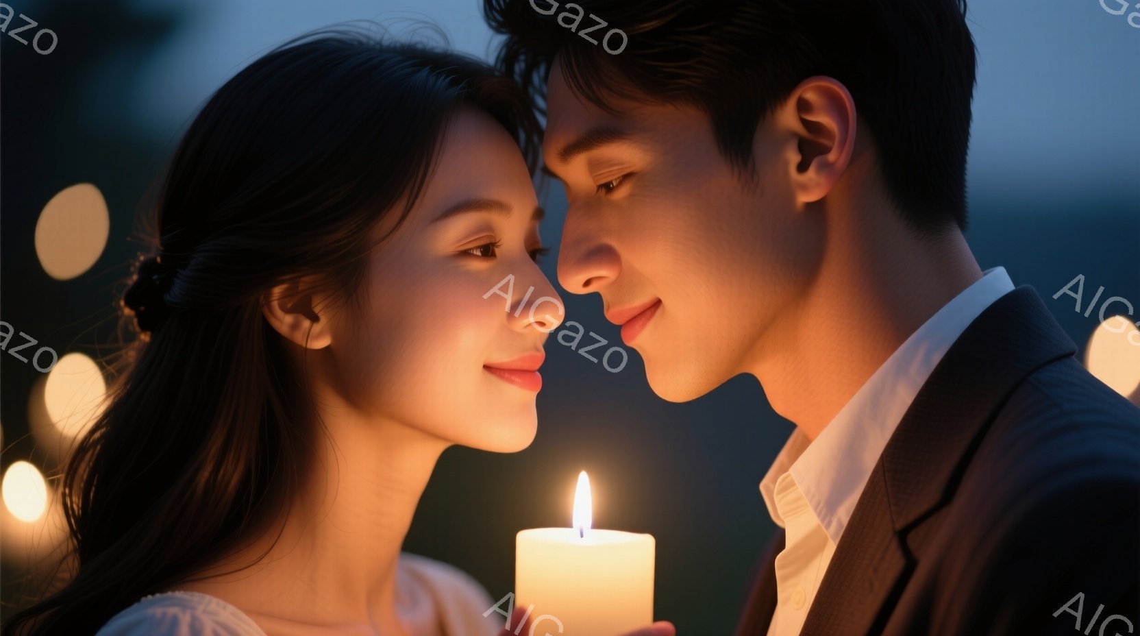 長い黒髪をサイドに寄せた女性と、黒いジャケットを着た男性が寄り添い、互いを見つめ合っています。女性は白いオフショルダーのドレスを着ており、男性はわずかに微笑んでいます。背景にはぼやけた光の玉と、暗い夜 - AI生成フリー素材