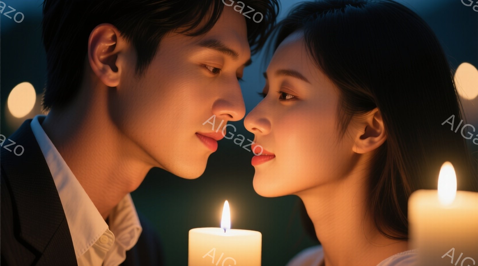 左右に人々が寄り添い、お互いに顔を近づけている。男性はダークスーツに白いシャツで、髪は短く整えられている。女性は白いトップスを着ており、長くストレートな黒髪が肩にかかっている。背景にはぼやけた緑とたくさんの光るキャンドルがあり、ロマンチックで親密な雰囲気を作り出している。
