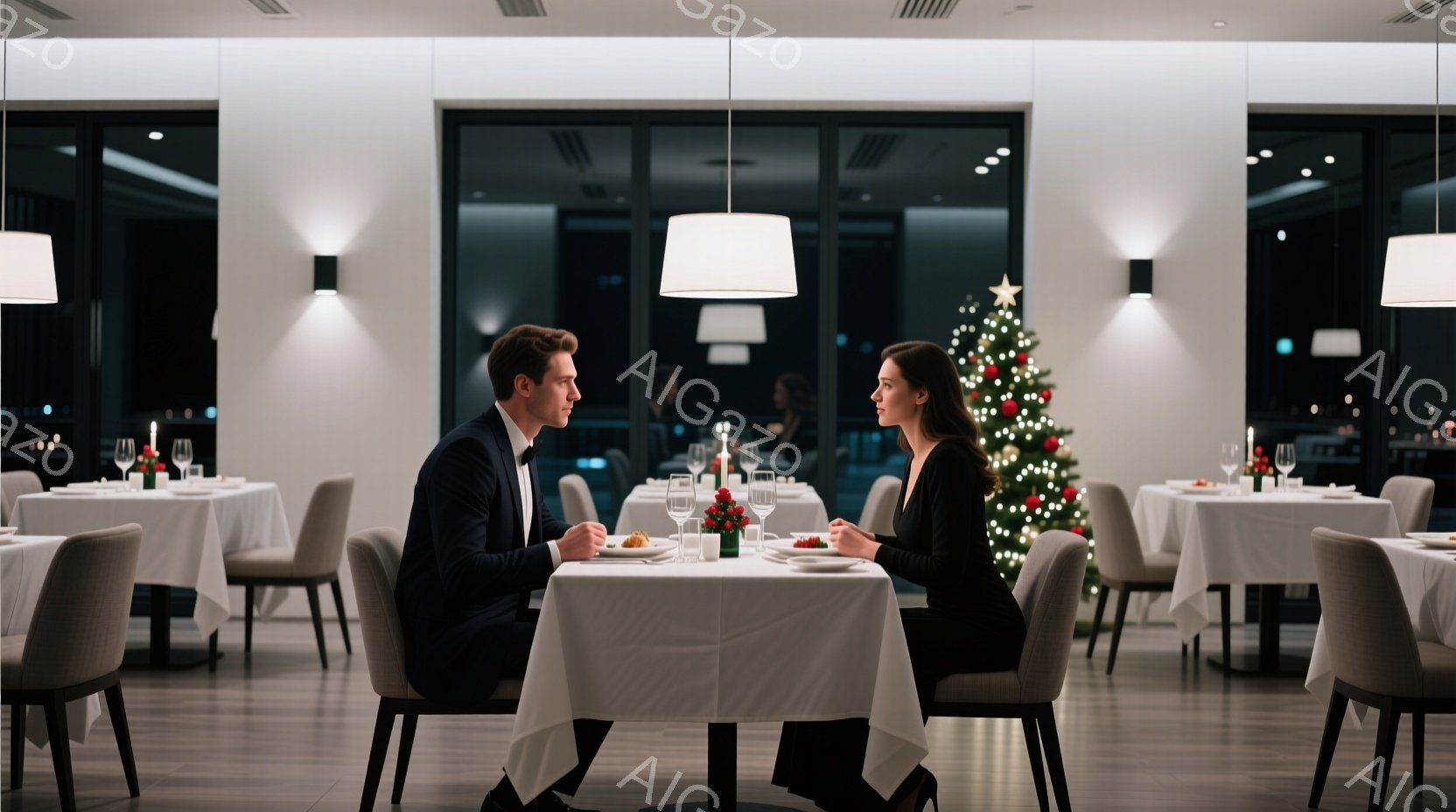 フォーマルなレストランで、一対の男女が向かい合って座っている。男性は黒いタキシードを着ており、女性は黒いドレスを着て、髪は後ろでまとめてある。背景にはクリスマスツリーが見え、窓からは夜景が広がり、洗練された落ち着いた雰囲気が漂っている。
