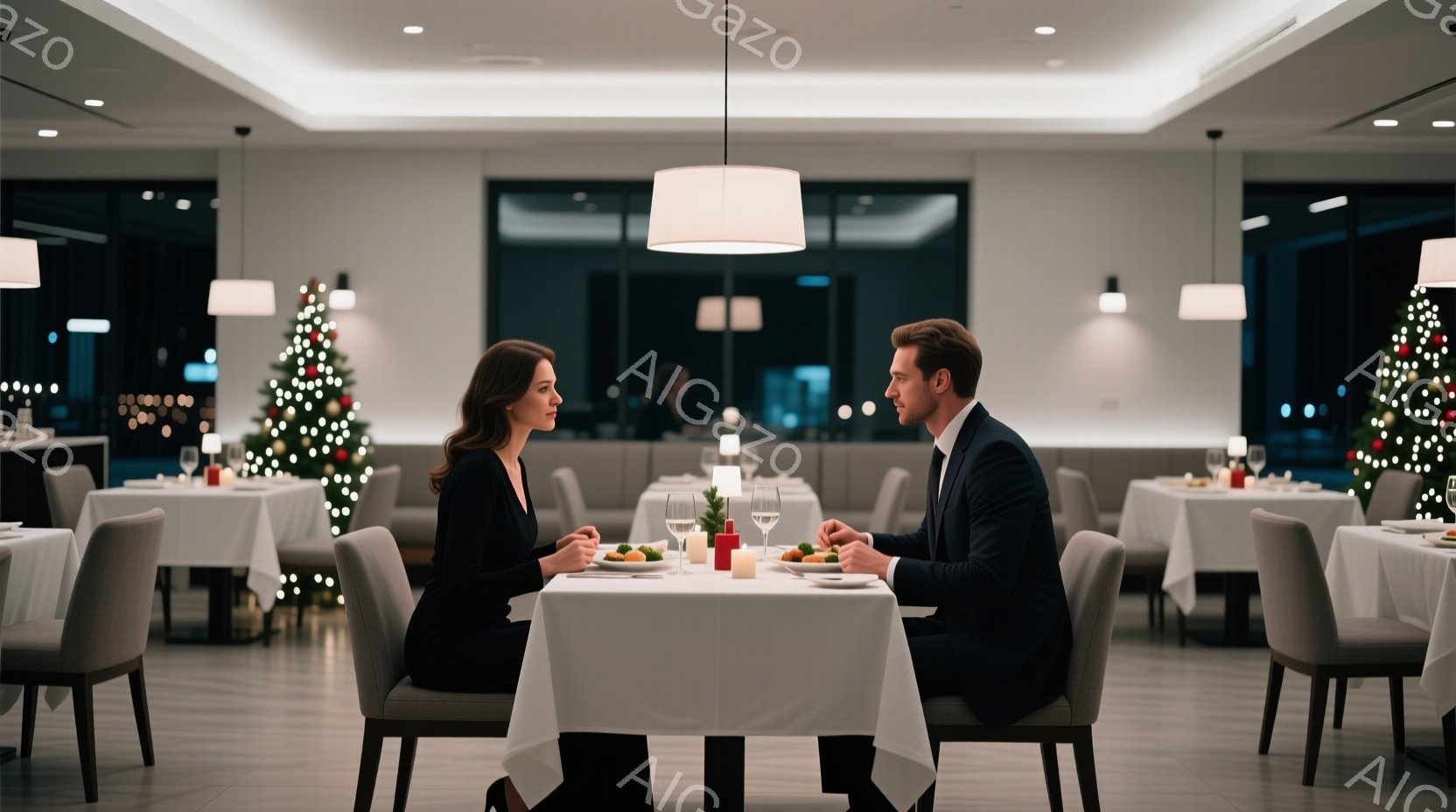 一対の男女が、白いテーブルクロスが敷かれたレストランで向かい合って食事をしている。女性は黒いドレスを着ており、髪は後ろでまとめている。男性はダークスーツを着ており、どちらもやや緊張した表情で、グラスに手を置いている。