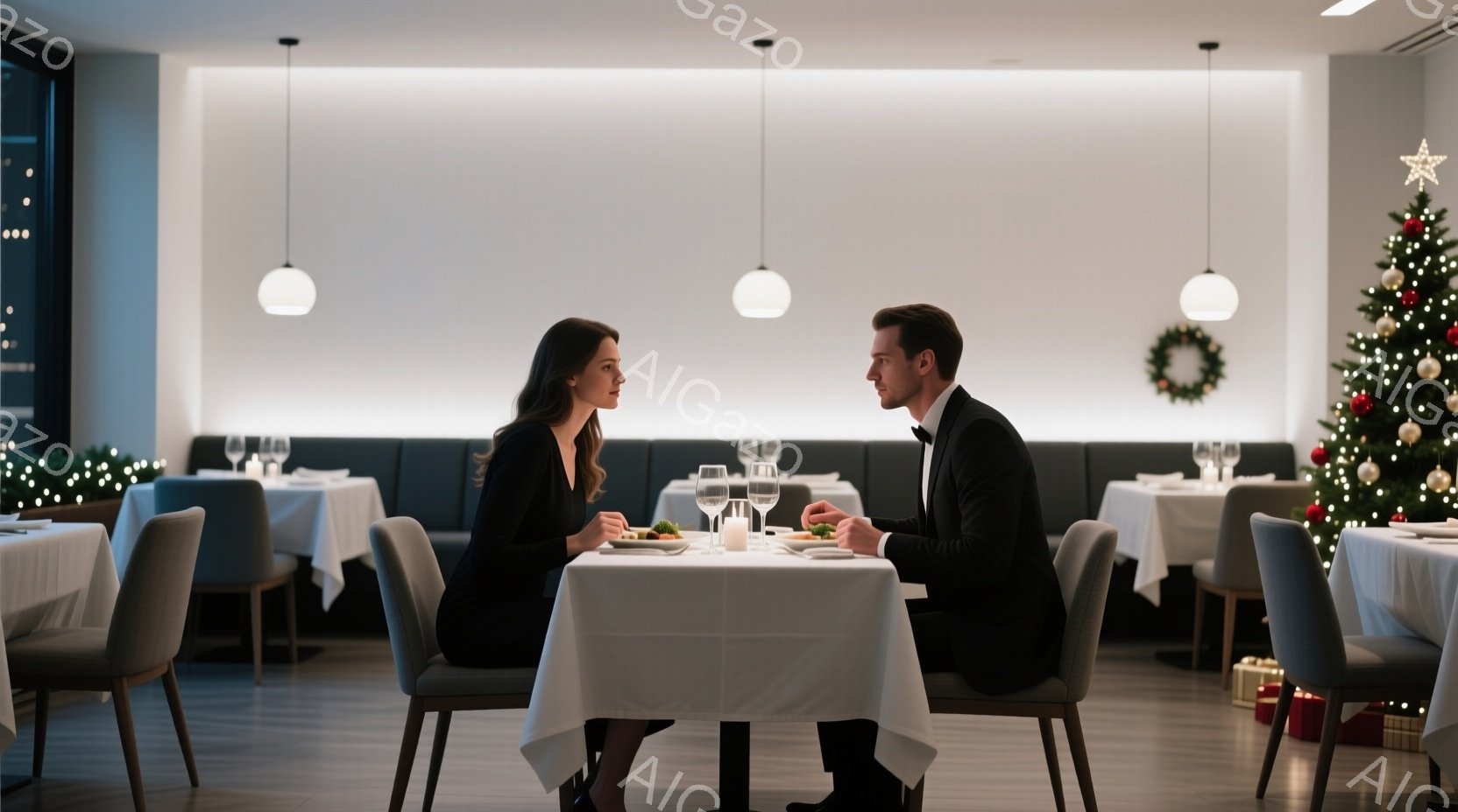 洗練されたレストランで、黒いドレスを着た女性とタキシード姿の男性が向かい合って食事をしています。二人はやや緊張した表情で互いを見つめ、フォーマルな雰囲気の中で特別な時間を過ごしているようです。背景にはクリスマスツリーが飾られ、控えめな光の中で上品な雰囲気が漂っています。