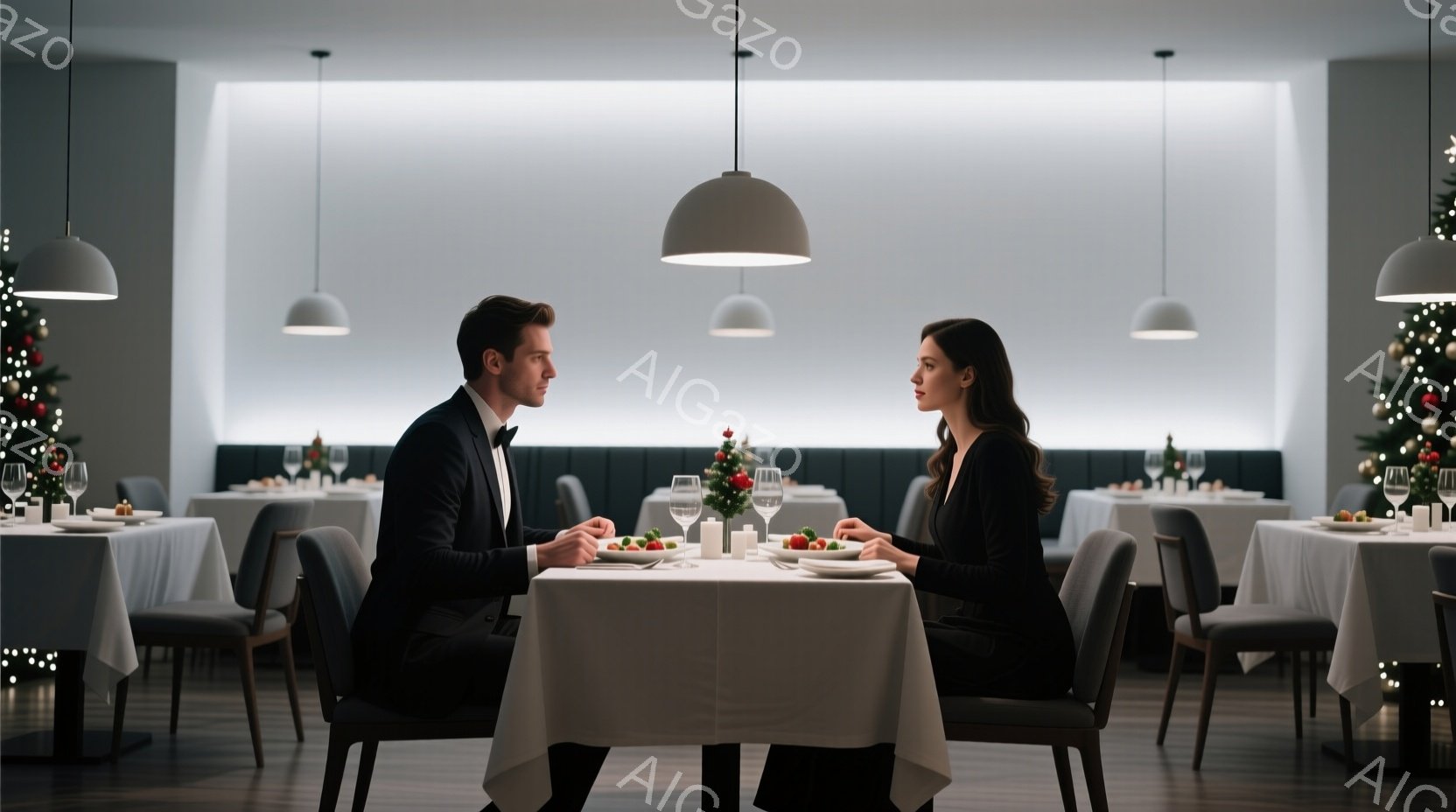 スマートな男性と女性が、白いテーブルクロスが敷かれたレストランで向かい合って座っています。男性はタキシード、女性は黒いドレスを身につけ、どちらも落ち着いた表情で互いを見つめ合っています。背景にはクリスマスツリーが飾られ、モダンで洗練された雰囲気の高級レストランであることがわかります。