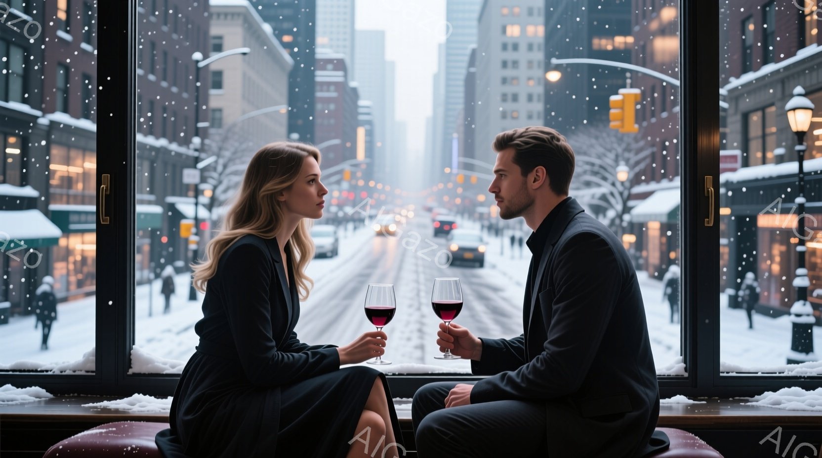 雪が降る街並みを背景に、ワイングラスを持つ男女が窓際に座っている。女性は黒いワンピースを着ており、髪は肩まで伸びたストレートヘア、やや物憂げな表情をしている。男性は黒いスーツ姿で、女性と向き合い、グラスを傾けながら穏やかな表情を見せている。