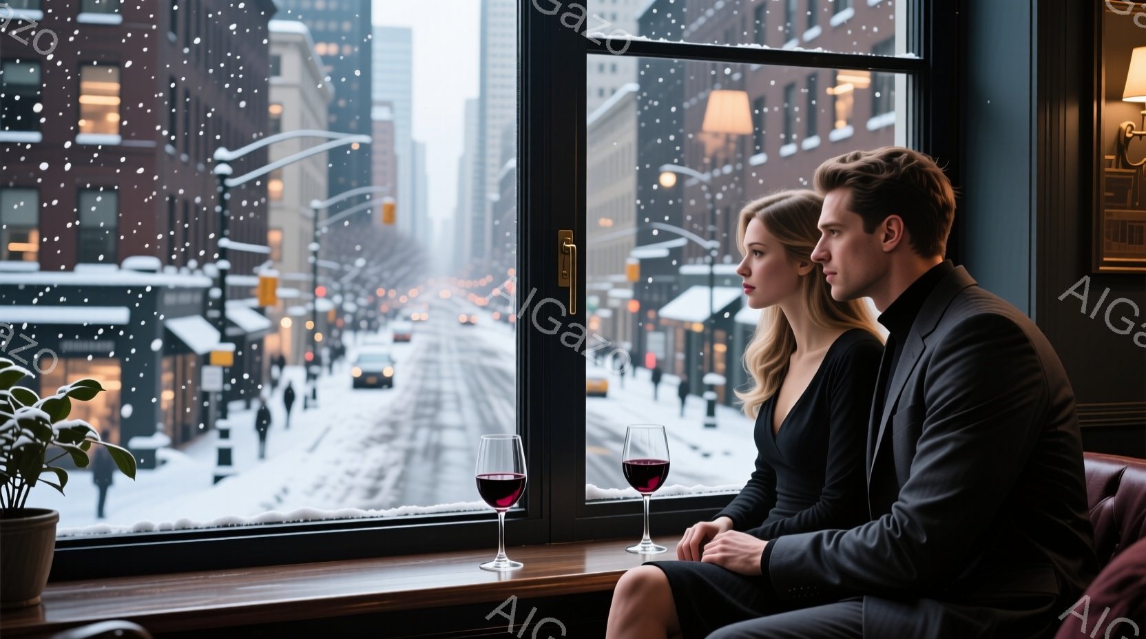 窓際の席に座る男女が描かれています。女性は黒いドレスを着て髪を後ろにまとめ、遠くを見つめています。男性はダークスーツを着ており、同じように窓の外を見つめており、雪が降る街並みが背景に見えます。