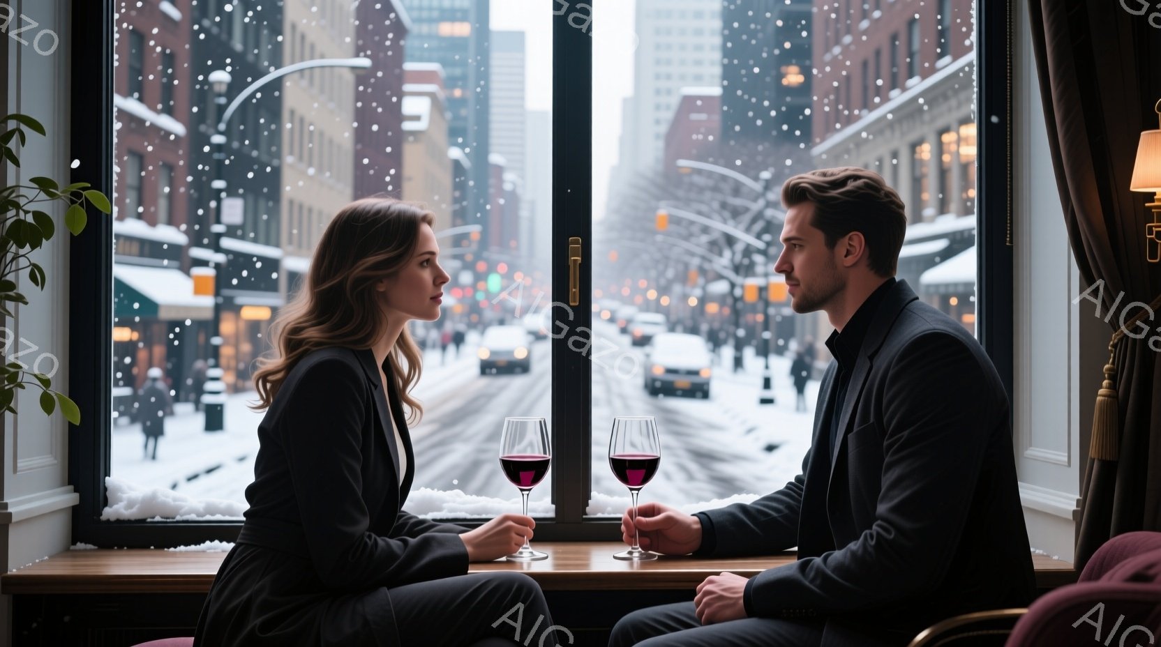 雪が降り積もる街並みを背景に、一対の男女が窓辺のテーブルでワイングラスを手に座り合っている。女性は黒いドレスを着ており、髪は肩まで伸びたブラウンヘアで、やや緊張した表情で男性を見つめている。男性は黒いスーツを着用し、真剣な面持ちで女性と視線を交わしている。