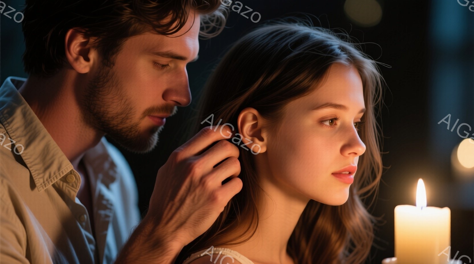 長髪で髭を生やした男性が、肩を露出した女性の髪の毛をそっと撫でています。女性はうつむき、少し寂しげな表情を浮かべており、男性と女性は親密な雰囲気の中にいます。背景は暗く、ぼやけており、いくつかのキャンドルの光が暖かく、落ち着いた雰囲気を醸し出しています。