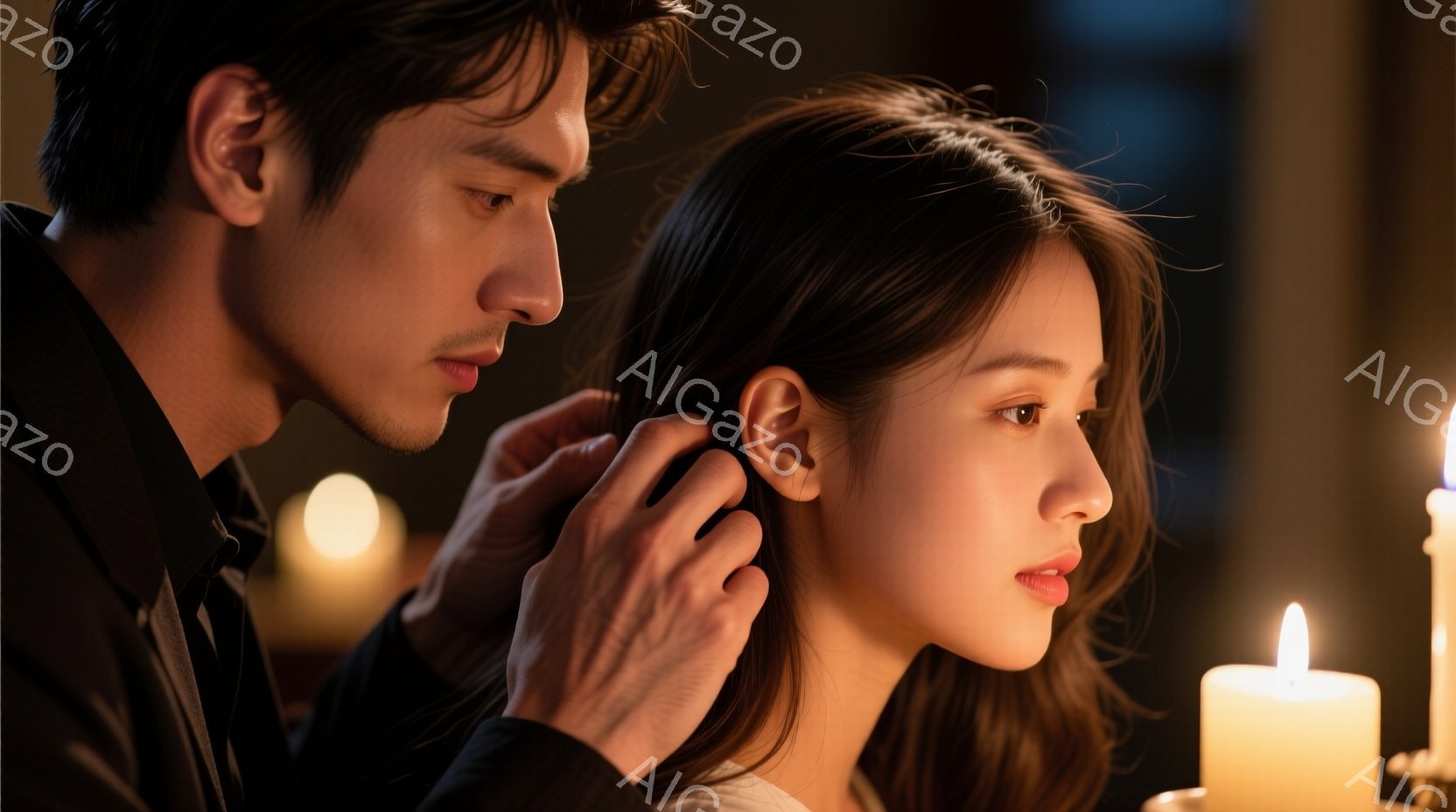 濃い髪の男性が、白い肌の女性の髪をそっと撫でています。女性は横を向き、少し憂いを帯びた表情で遠くを見つめており、優雅な雰囲気です。背景にはぼんやりとした光のぼんやりとした光があり、落ち着いた暖かなムードを醸し出しています。