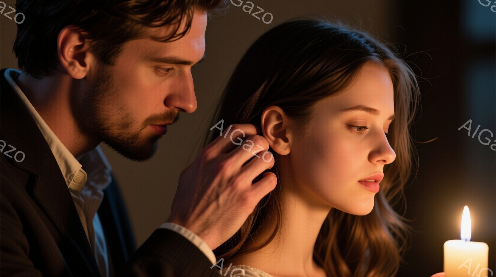 濃い眉毛と口髭を生やした男性が、クリーム色の襟付きシャツを着ています。彼は、波打つ長い髪と穏やかな表情の女性の耳元に手を添え、優しく触れています。背景は暗く、ぼやけており、右下には小さな炎が灯ったロウソクが見え、全体的にロマンチックで親密な雰囲気を醸し出しています。