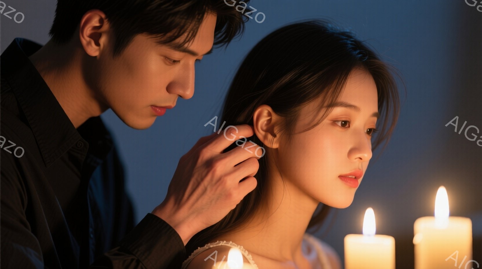 長髪の女性が、黒いシャツを着た男性に優しく髪を撫でられている。女性は白い肩出しのドレスを着ており、憂いを帯びた表情で遠くを見つめている。背景にはぼんやりとロウソクの炎が見え、全体的に静かでロマンチックな雰囲気を醸し出している。