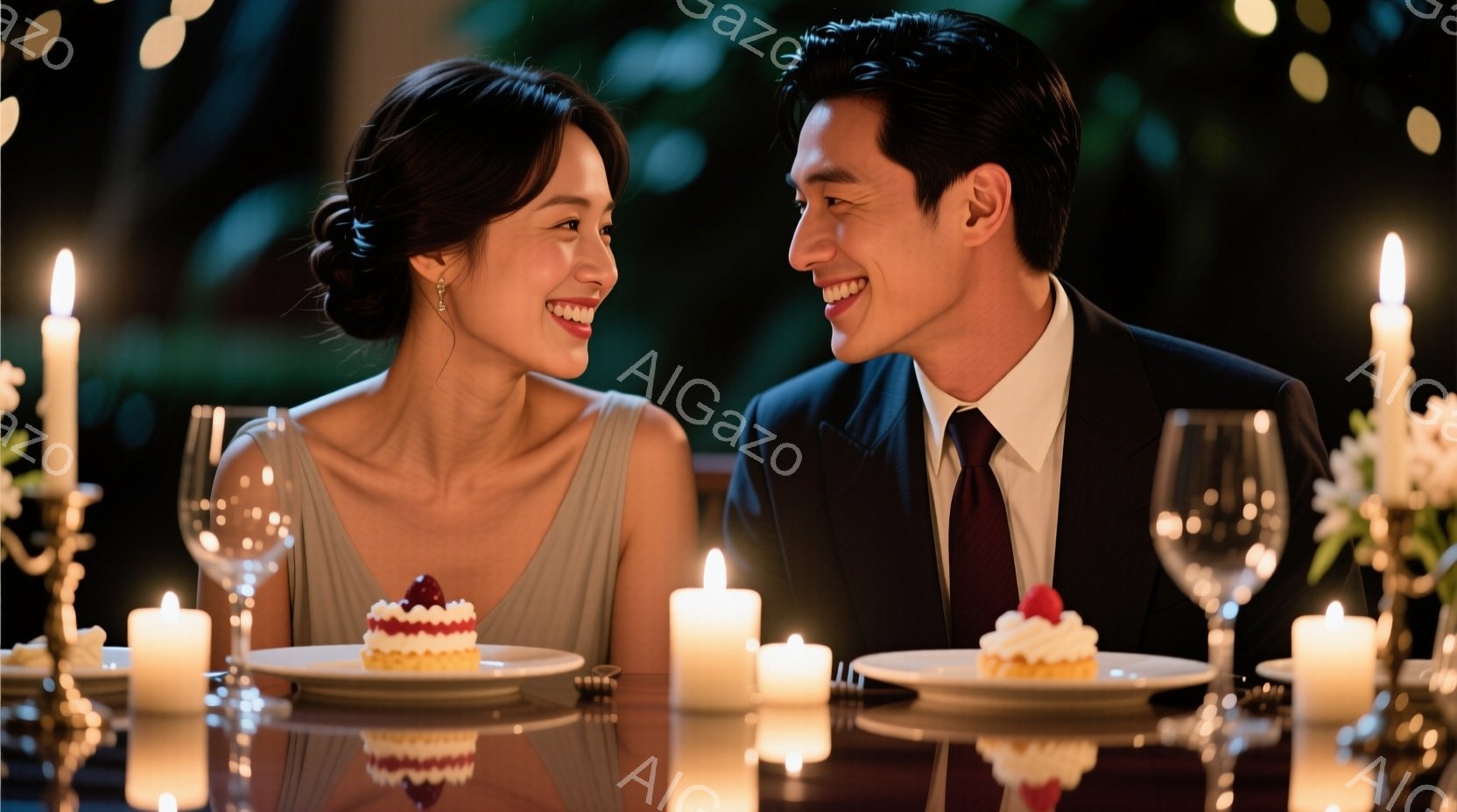 魅力的な女性と男性が、薄暗い光の中で向かい合って微笑んでいます。女性は肩を露出したグレーのドレスを着ており、髪は後ろで優雅にまとめられています。テーブルの上には、小さなケーキとワイングラスが置かれ、周囲にはキャンドルの光が揺らめき、ロマンチックで親密な雰囲気を醸し出しています。