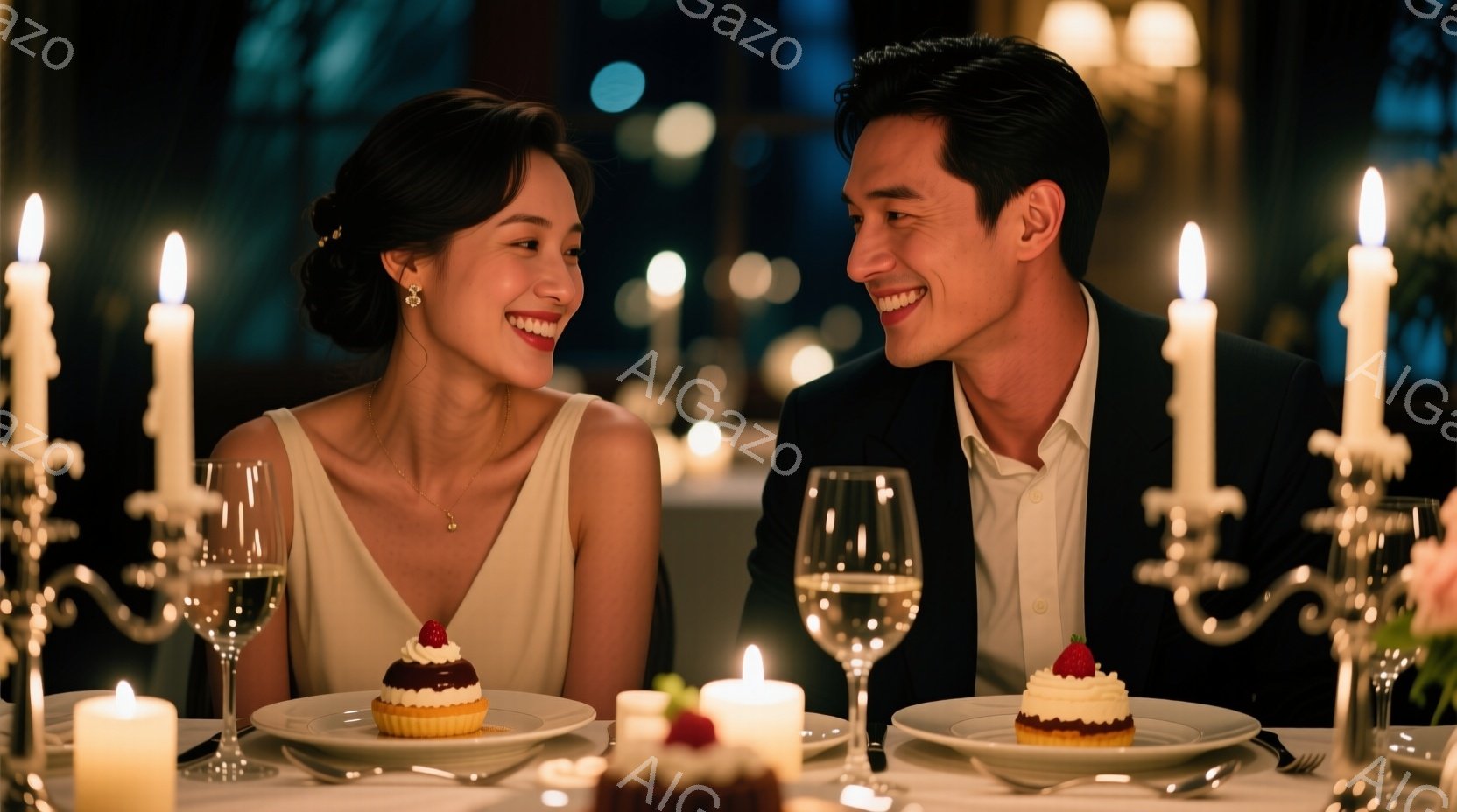 美しい女性と男性がレストランで向かい合って座っており、互いに微笑み合っています。女性は白いドレスを着て髪を後ろでまとめ、男性は紺色のスーツに白いシャツを着ています。テーブルの上にはワイングラスと、イチゴをトッピングした小さなケーキが置かれ、背後にはぼんやりとした光が灯る優雅な雰囲気が漂っています。