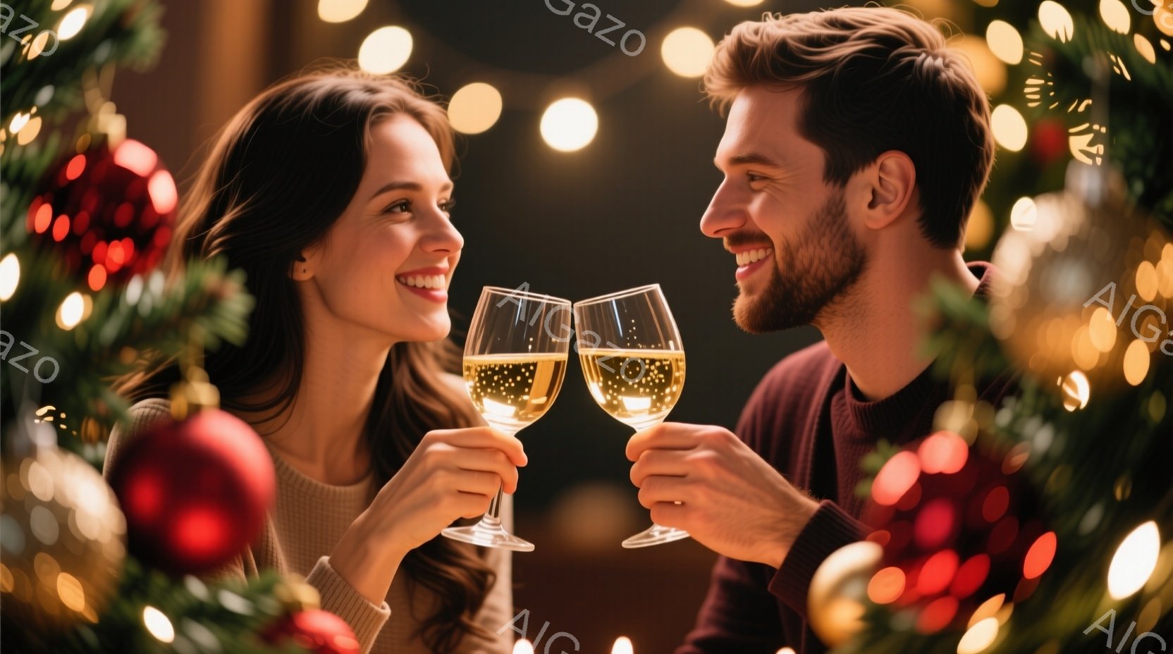 若い男女がシャンパングラスを掲げ、互いに微笑み合っています。女性はベージュのセーターを着ており、長い茶色の髪は肩にかかっています。背景にはクリスマスツリーの装飾やぼやけたライトが散りばめられており、ロマンチックで温かい雰囲気が漂っています。