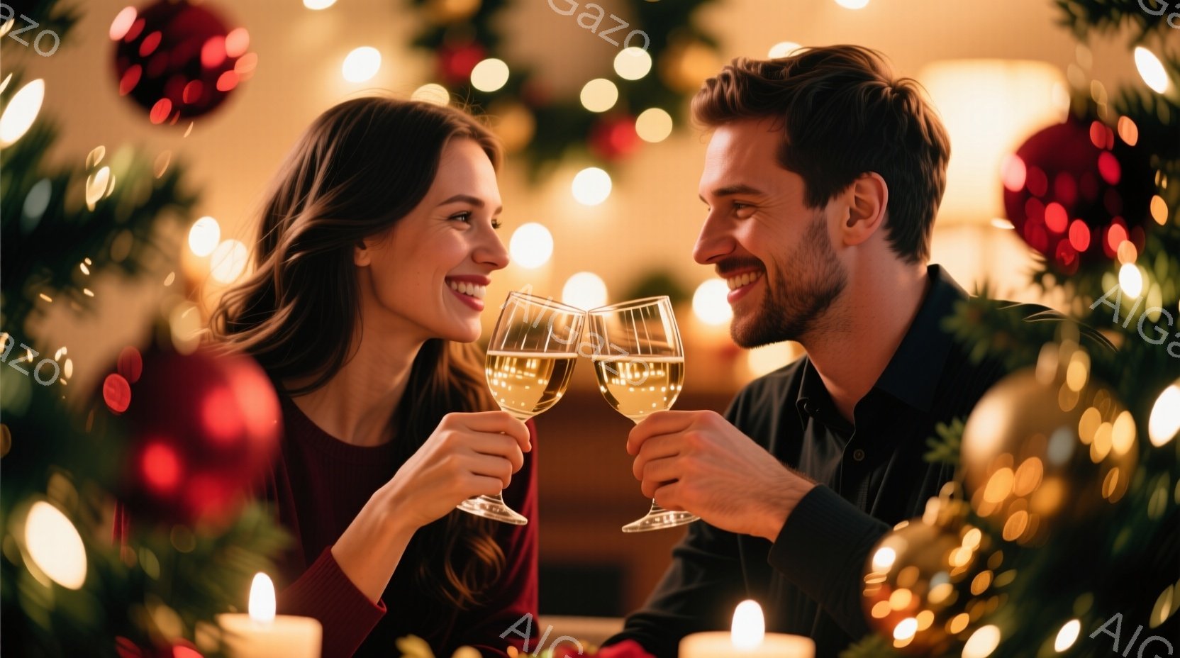 一対のカップルがクリスマスツリーを背景にシャンパンで乾杯しています。女性は赤いセーターを着ており、長い茶色の髪は肩にかかっています。男性は黒いシャツを着ており、顎ひげを生やしています。二人は笑顔で互いを見つめ、温かくロマンチックな雰囲気です。