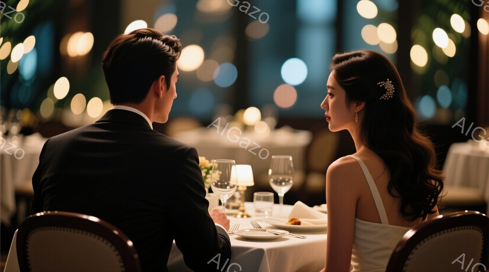 フォーマルなレストランで、背中合わせになった男女が描かれています。男性は黒いスーツを着ており、女性は白いドレスに耳飾りをつけています。背景にはぼやけた光が灯り、ロマンチックで洗練された雰囲気を醸し出しています。