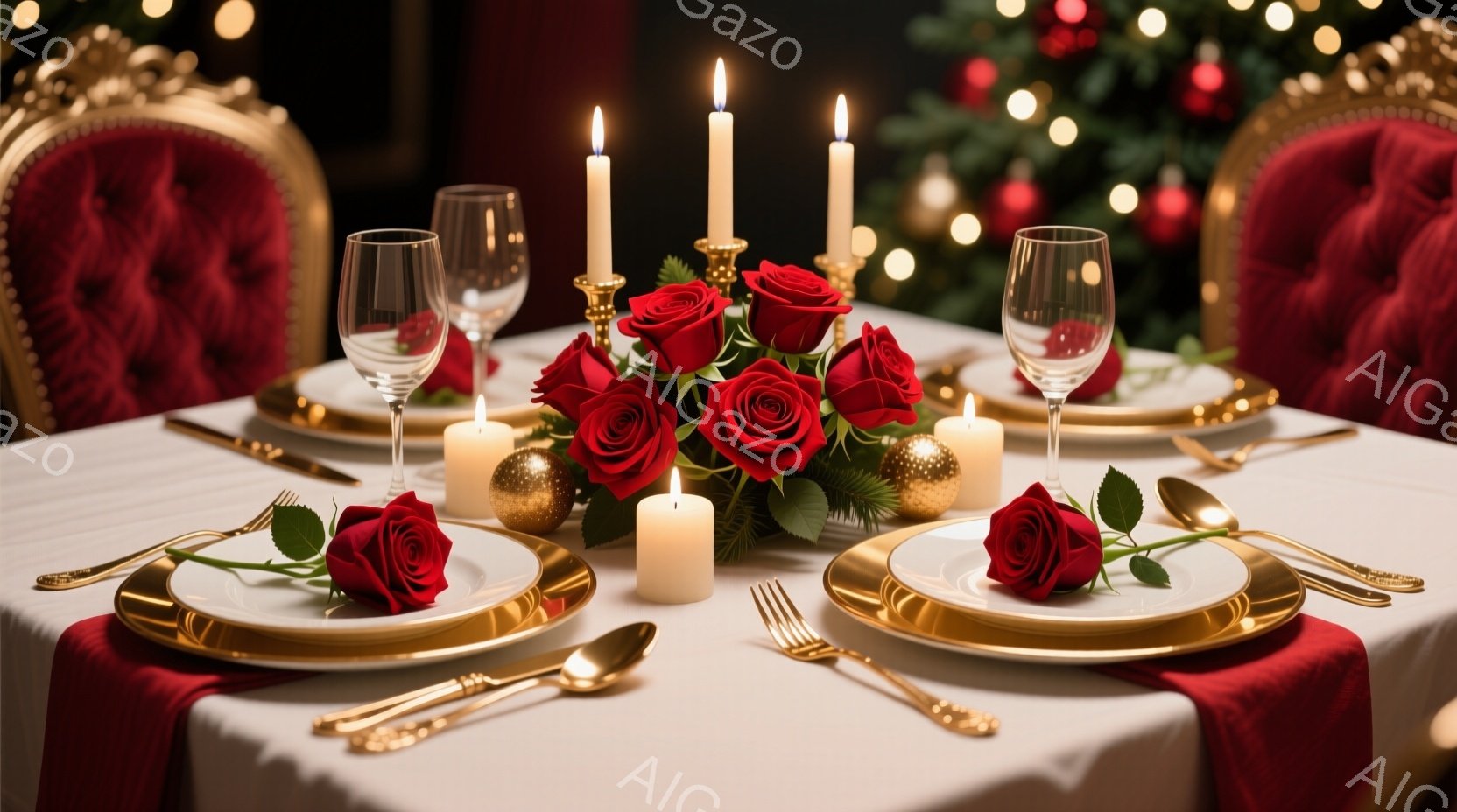 白いテーブルクロスが広がり、金色の縁取りがされた陶器の食器が並べられています。赤いバラと点在するキャンドルがロマンチックな雰囲気を醸し出し、背景にはぼやけたクリスマスツリーが見えます。優雅で洗練されたディナーの準備が整っている様子が伝わってきます。