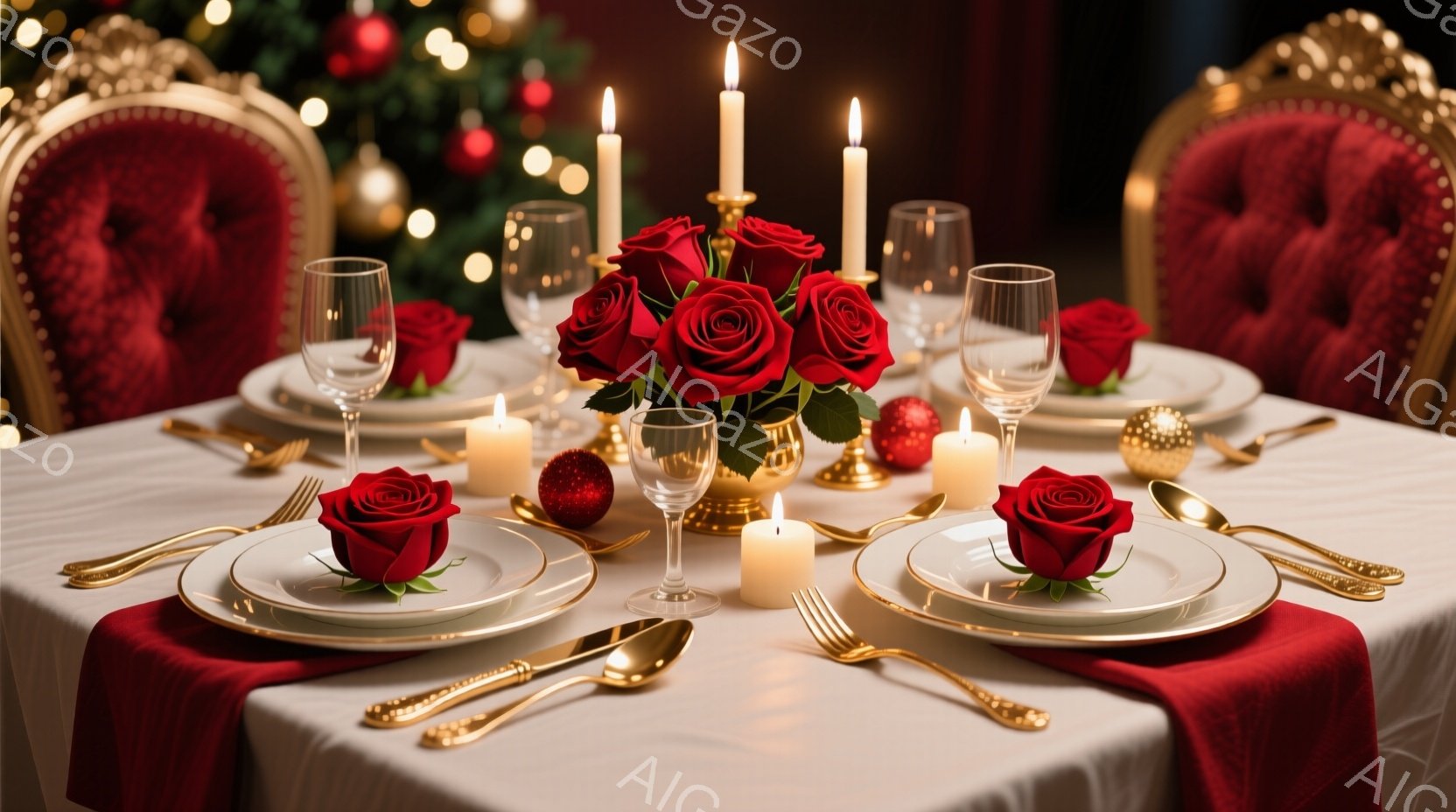 白いテーブルクロスが敷かれたテーブルには、金色の食器と赤いランナーが置かれ、クリスマスの装飾が施されています。各プレースマットには赤いバラが飾りとして置かれ、キャンドルが灯され、華やかな雰囲気を醸し出 - AI生成フリー素材