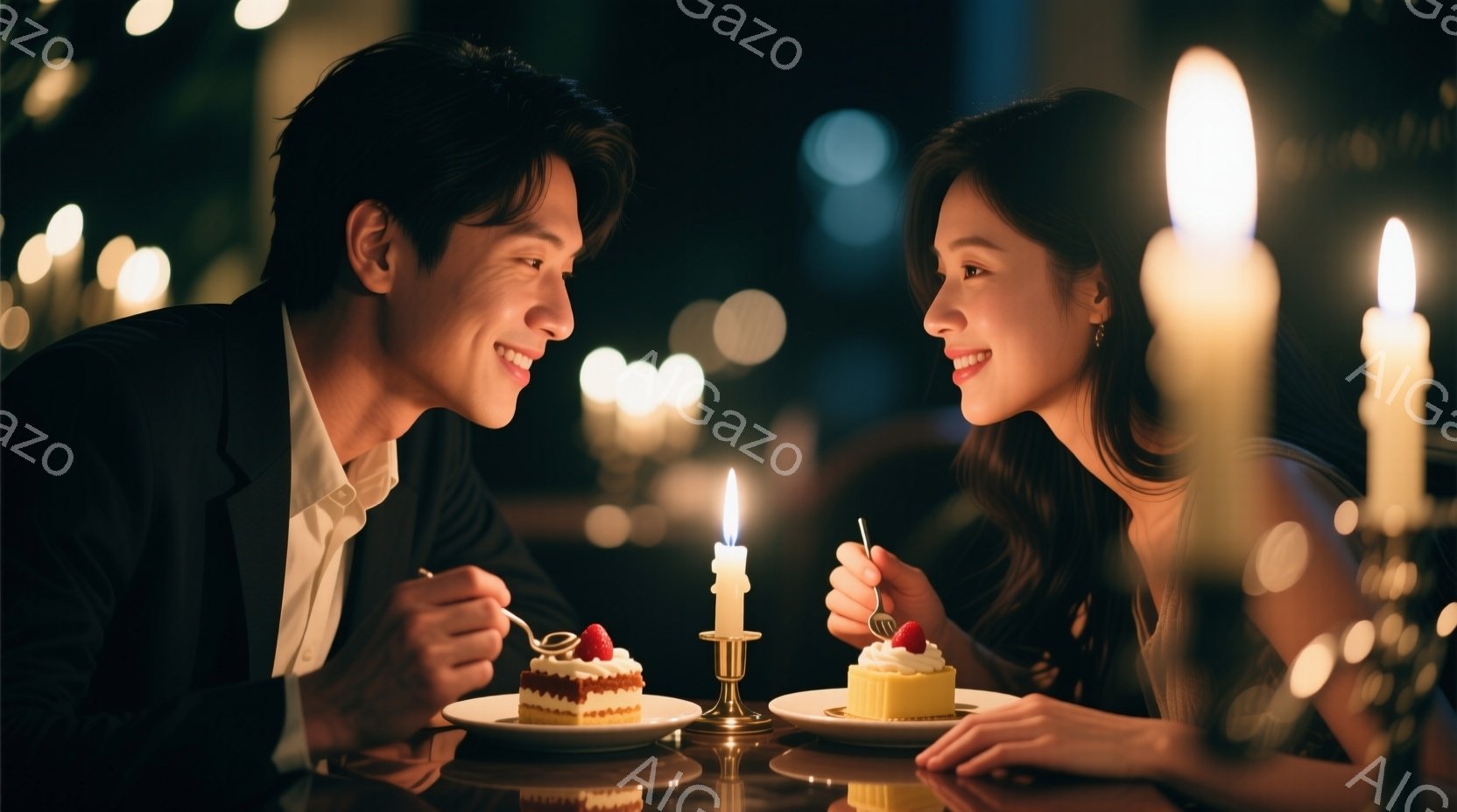 鮮やかな笑顔を浮かべた男女が、小さなケーキをフォークでつついている場面だ。男性は白いシャツに黒いジャケット、女性は黒いドレス姿で、お互いに視線を合わせている。背景にはぼやけた光が散りばめられ、ロマンチックで温かい雰囲気を醸し出している。