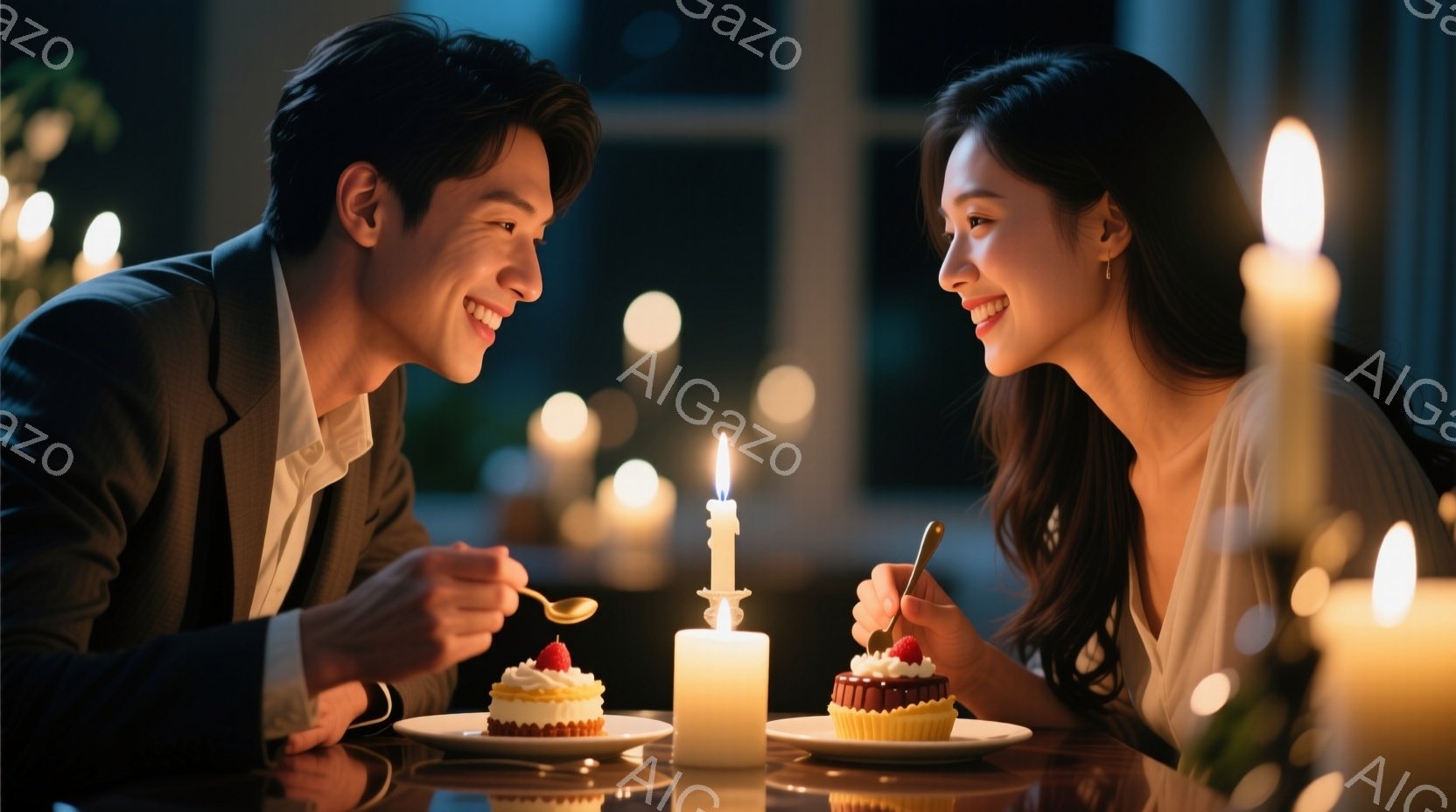 鮮やかな笑顔を浮かべた若い男女が、小さなケーキを前に向かい合っている。男性は黒いスーツに白いシャツ姿で、女性はオフホワイトのトップスを着ており、髪は長髪で優雅にまとめられている。背景は暗く、多数のロウソクが暖かく灯り、ロマンチックで親密な雰囲気を醸し出している。