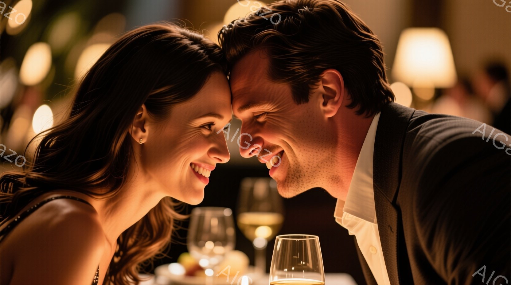 豪華なレストランで、微笑みを浮かべた男女が互いに顔を寄せ合っている。女性はダークカラーのドレスを着用し、ゆるやかなウェーブヘアが肩にかかっている。男性はダークスーツと白いシャツを着ており、温かい笑顔を浮かべているテーブルの上にはグラスと料理が並び、背景はぼやけているが、他の客の姿も見られる。
