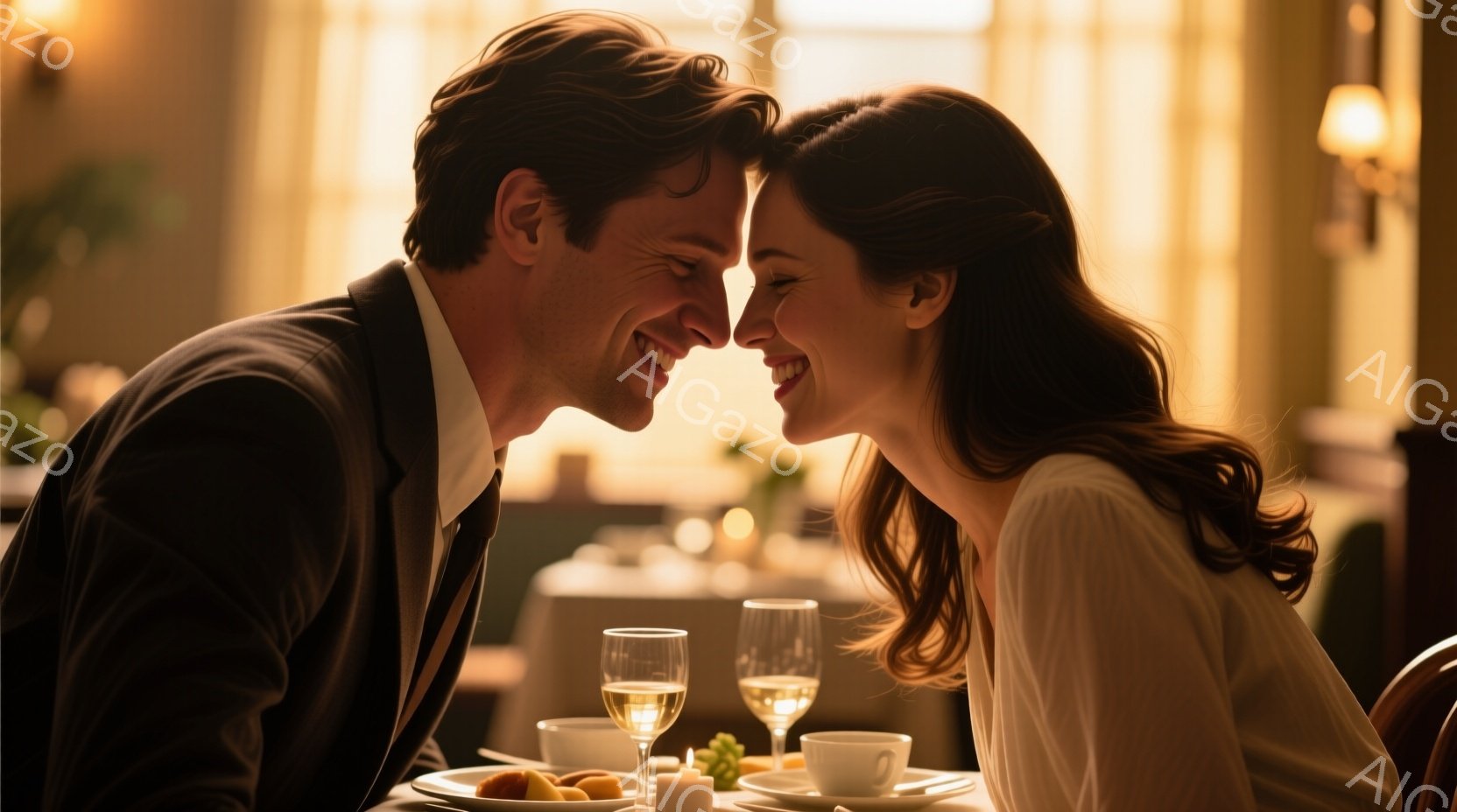 華やかなレストランで、一対のカップルが顔を寄せ合って微笑み合っている。男性は黒いスーツを着ており、女性はオフホワイトのブラウスを着ている。テーブルにはワイングラスや果物、お皿が置かれ、背景はぼかされているが、上品でロマンチックな雰囲気である。
