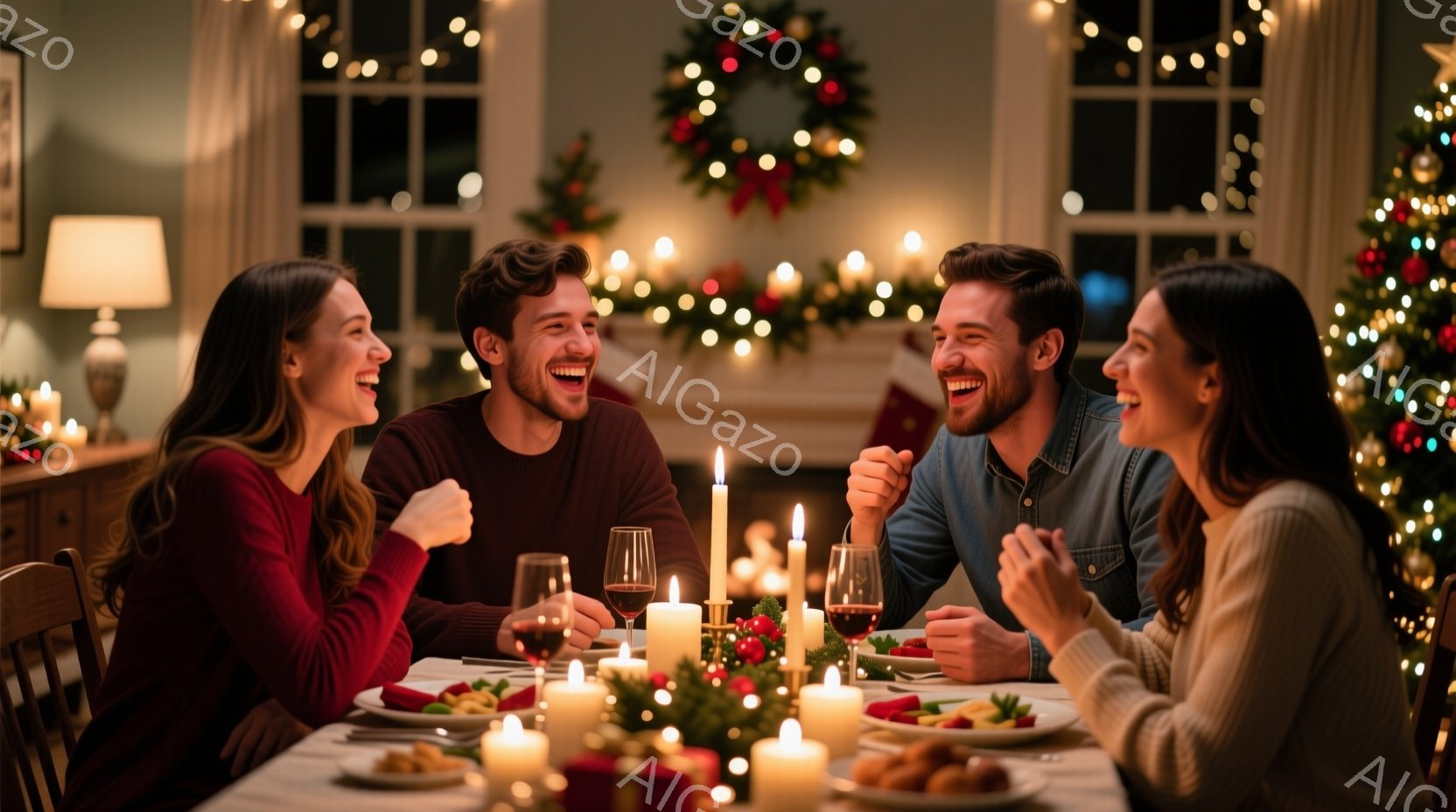 暖炉のあるダイニングルームで、ワイングラスを手に、楽しそうに笑い合う男女4人が描かれている。女性は赤いセーターとロングヘア、もう一人はベージュのセーターと肩までの髪をしており、男性はそれぞれネイビーとグレーのセーターを着ている。テーブルにはキャンドルや料理が並べられ、背景にはクリスマスツリーと装飾が施されており、温かく華やかな雰囲気を醸し出している。