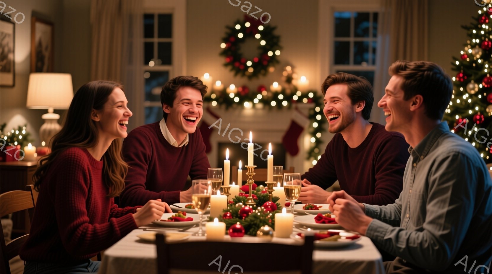 暖炉のある部屋で、4人の若い男女がテーブルを囲んで楽しそうに笑い合っている。彼らは皆、赤いセーターやシャツを着ており、リラックスした雰囲気で身を寄せ合っている。背景にはクリスマスツリーやガーランド、キャンドルが飾られ、温かく華やかなクリスマスの夜を思わせる。