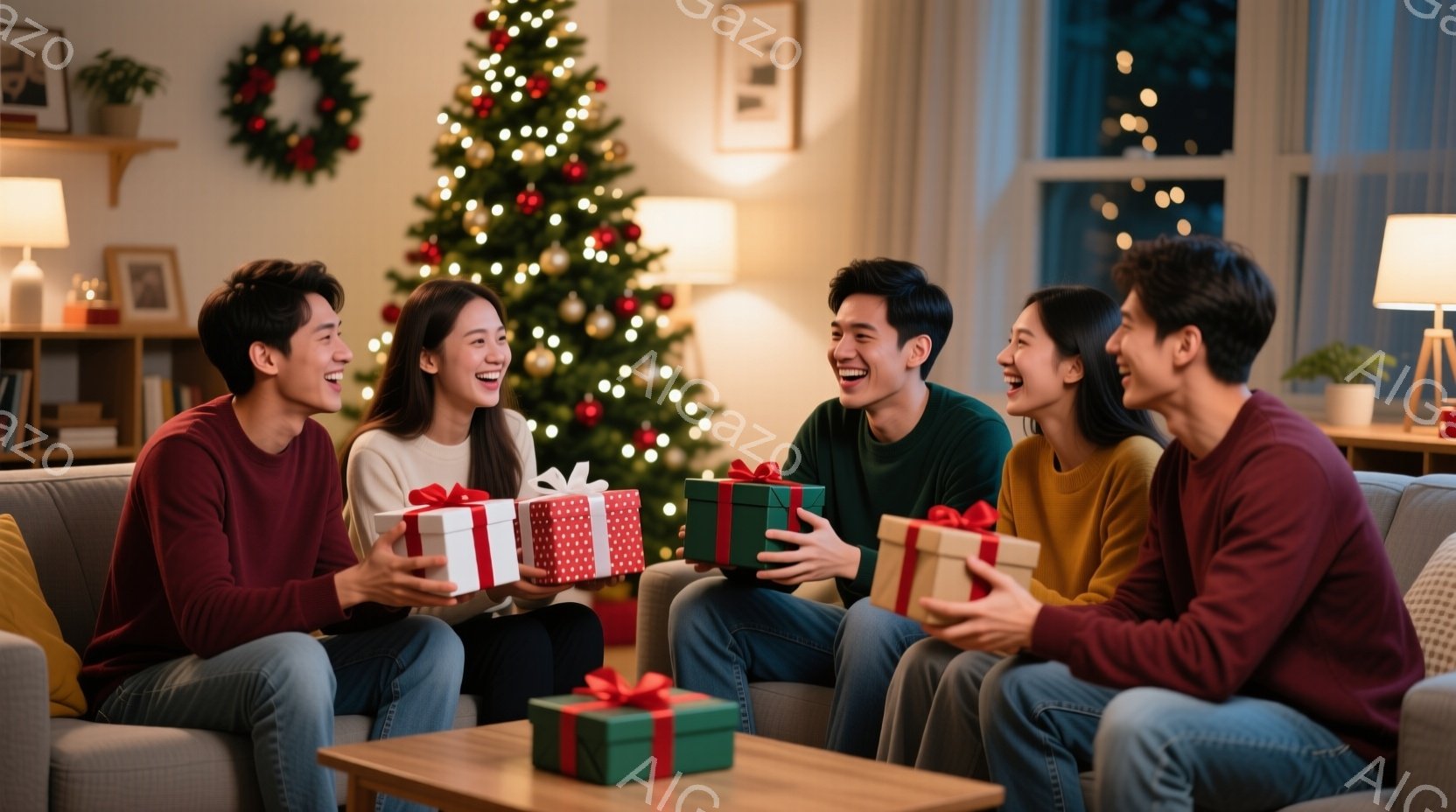 暖炉のあるリビングで、若い男女５人がクリスマスプレゼントを交換し、楽しそうに笑っています。彼らはそれぞれカジュアルな服装で、赤いセーターや緑のシャツを着ています。背景にはクリスマスツリーが飾られ、暖かい光が室内を照らしており、幸せで和やかな雰囲気が漂っています。