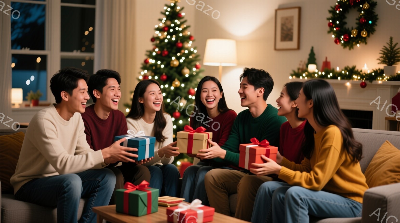 暖炉のあるリビングで、若い男女6人がクリスマスプレゼントを交換し、楽しそうに笑っています。彼らはカジュアルな服装で、ニットやセーターを着ており、髪型も様々です。背景にはクリスマスツリーや装飾が施され、温かく、幸せな雰囲気が漂っています。