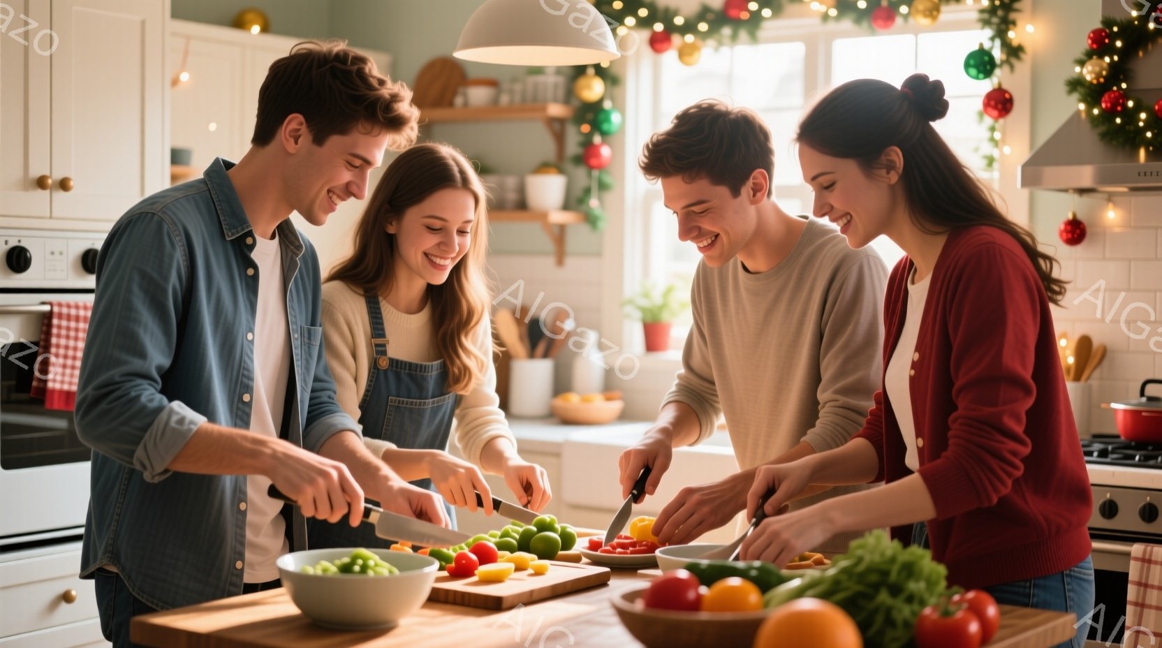 明るいキッチンで、若い男女が野菜を切って料理を楽しんでいます。男性はデニムシャツを着ており、女性はオーバーオールと赤いセーターを着ています。背景にはクリスマスデコレーションが飾られ、温かく幸せな雰囲気 - AI生成フリー素材